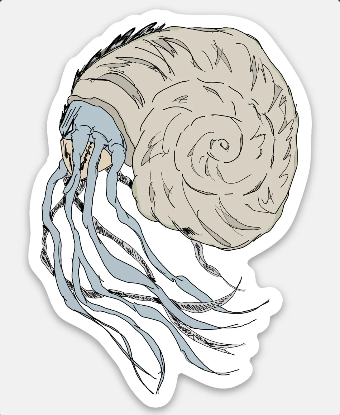 A drawing of a Kraken or Nautilus with a cracked shell and blue tentacles.