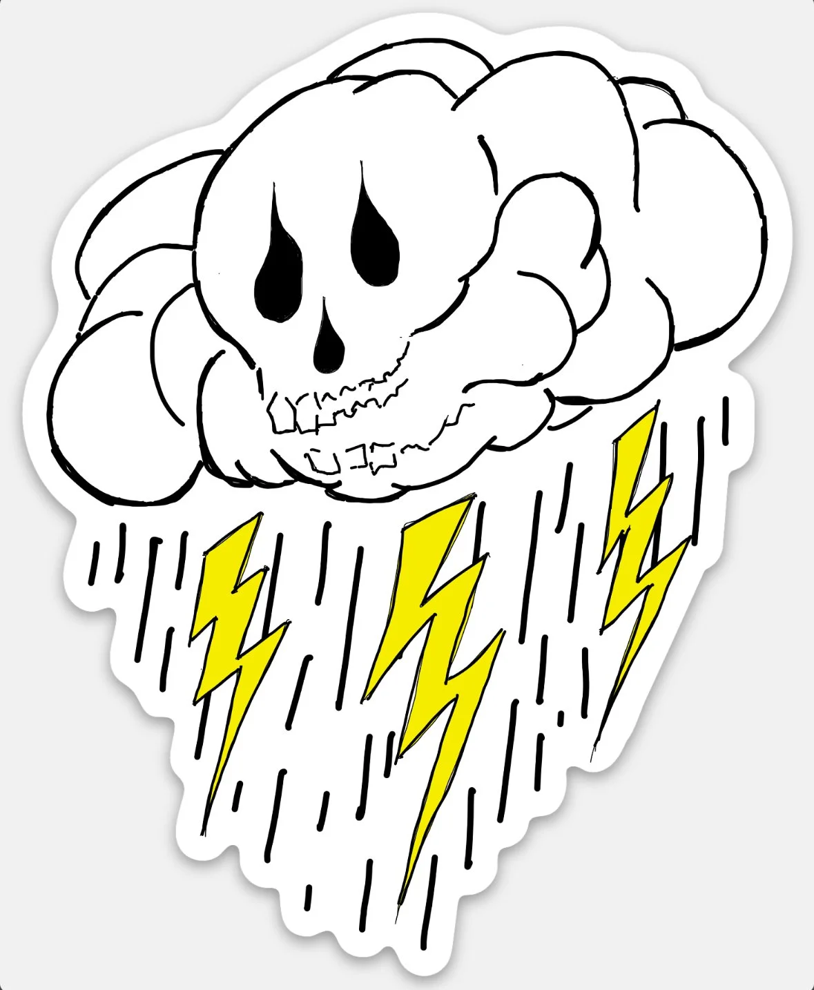 A stylized drawing of a cloud with a skull face, emitting lightning bolts.