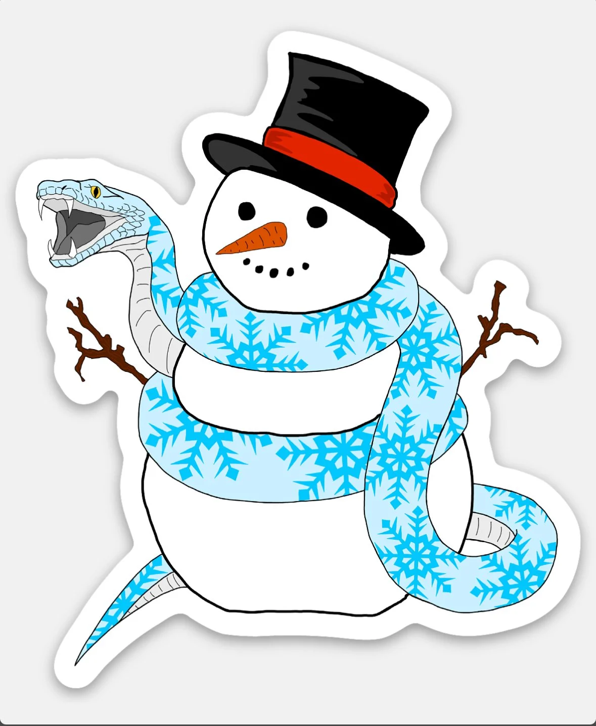 Snowman with a twig arm and a blue snowflake-patterned snake wrapped around it, wearing a black top hat with a red band, a carrot nose, and a dotted smile, against a light gray background.