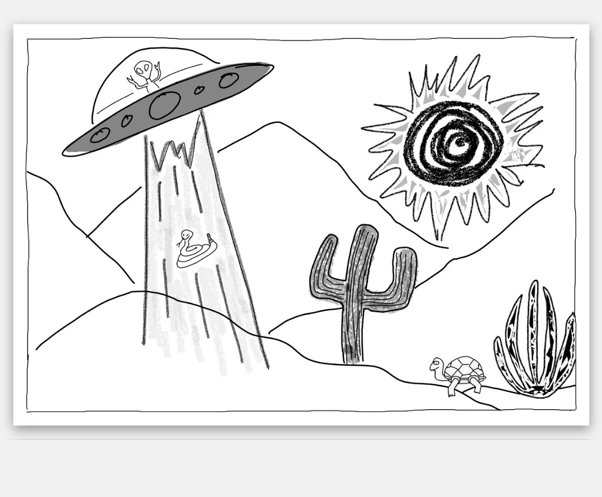 Drawing of a desert landscape with a mountain range, a cactus, a tortoise, a large swirling sun, a UFO with an alien inside, abducting a snake.
