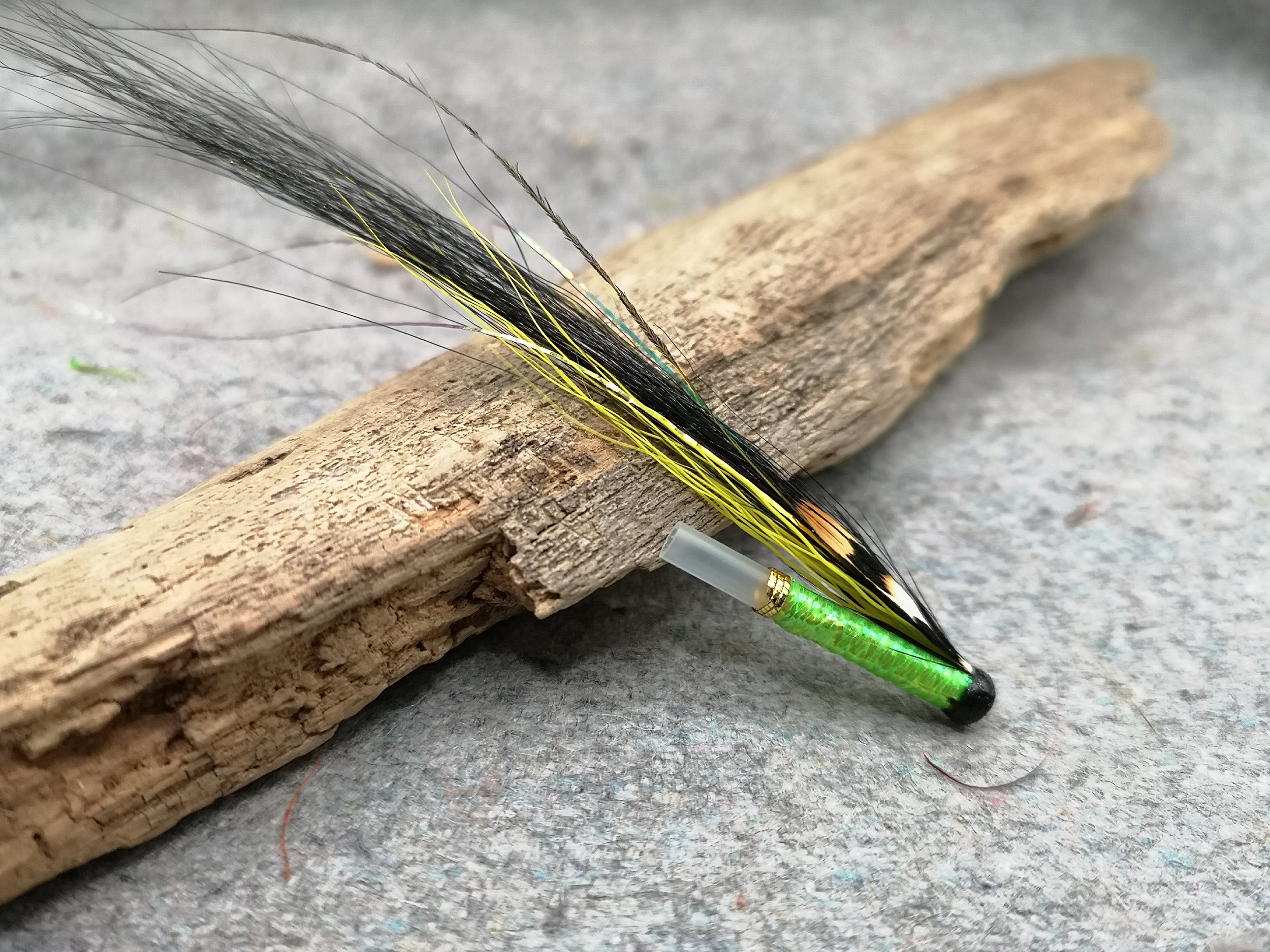 Green Sunray Shadow Salmon Tube fly Tied on 1" Plastic Tubes