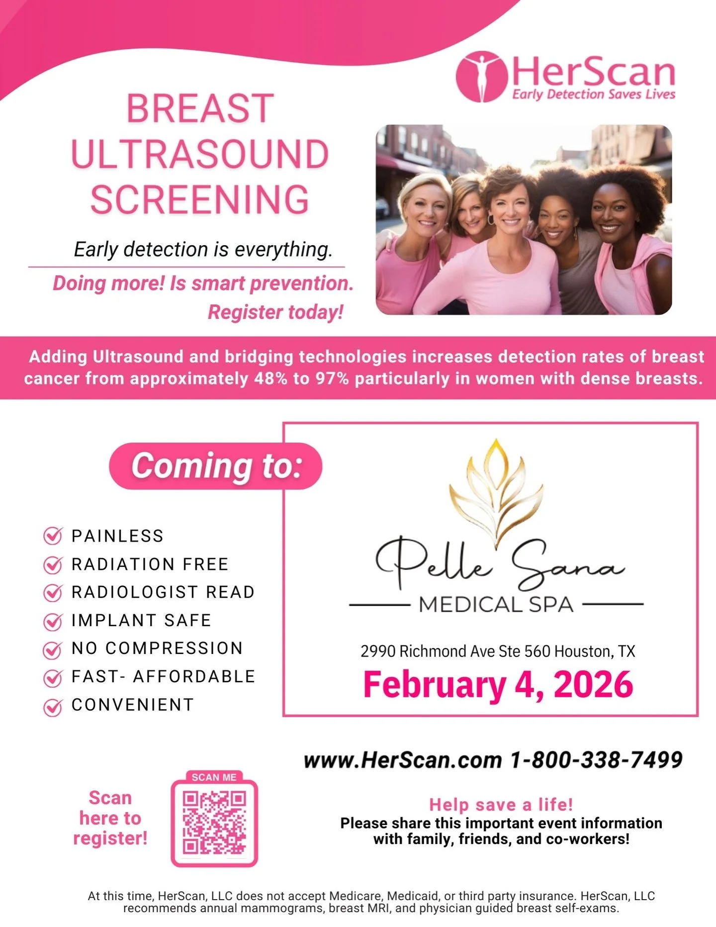 💗 Early detection saves lives 💗
We&rsquo;re honored to host Breast Ultrasound Screenings at Pelle Sana Medical Spa on February 4, 2026.

✔️ Painless
✔️ Radiation free
✔️ No compression
✔️ Implant safe
✔️ Ideal for dense breast tissue

✨ Bonus: Ever