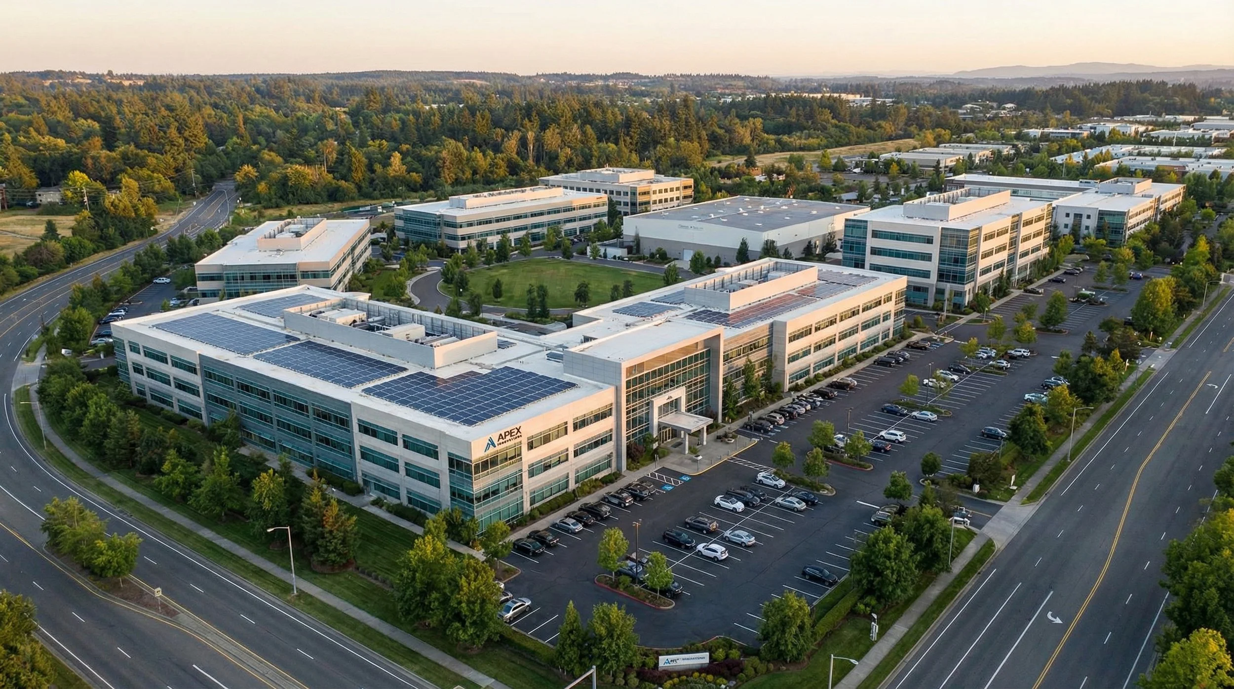 Luftaufnahme eines modernen Bürokomplexes mit Solarzellen auf den Dächern, umgeben von Parkplätzen und viel grünem Raum, im Gebiet Apex.