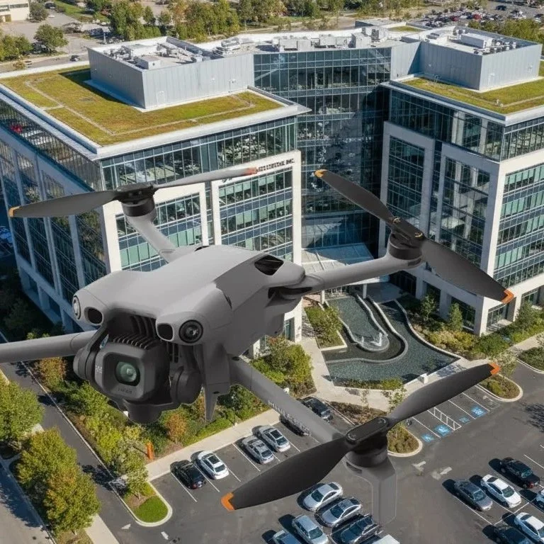 Drohne fliegt über ein modernes Bürogebäude mit Glasfassade und Parkplatz darunter.