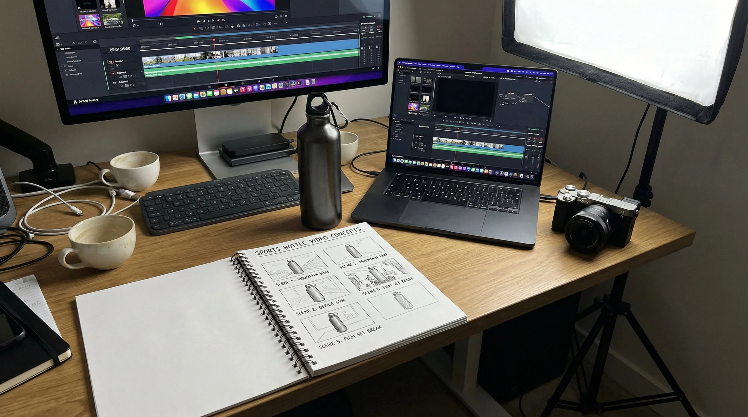 Arbeitsplatz mit zwei Bildschirmen, einem Laptop, einer Kamera, einer Wasserflasche, Notizbuch mit Skizzen und zwei Tassen Kaffee.