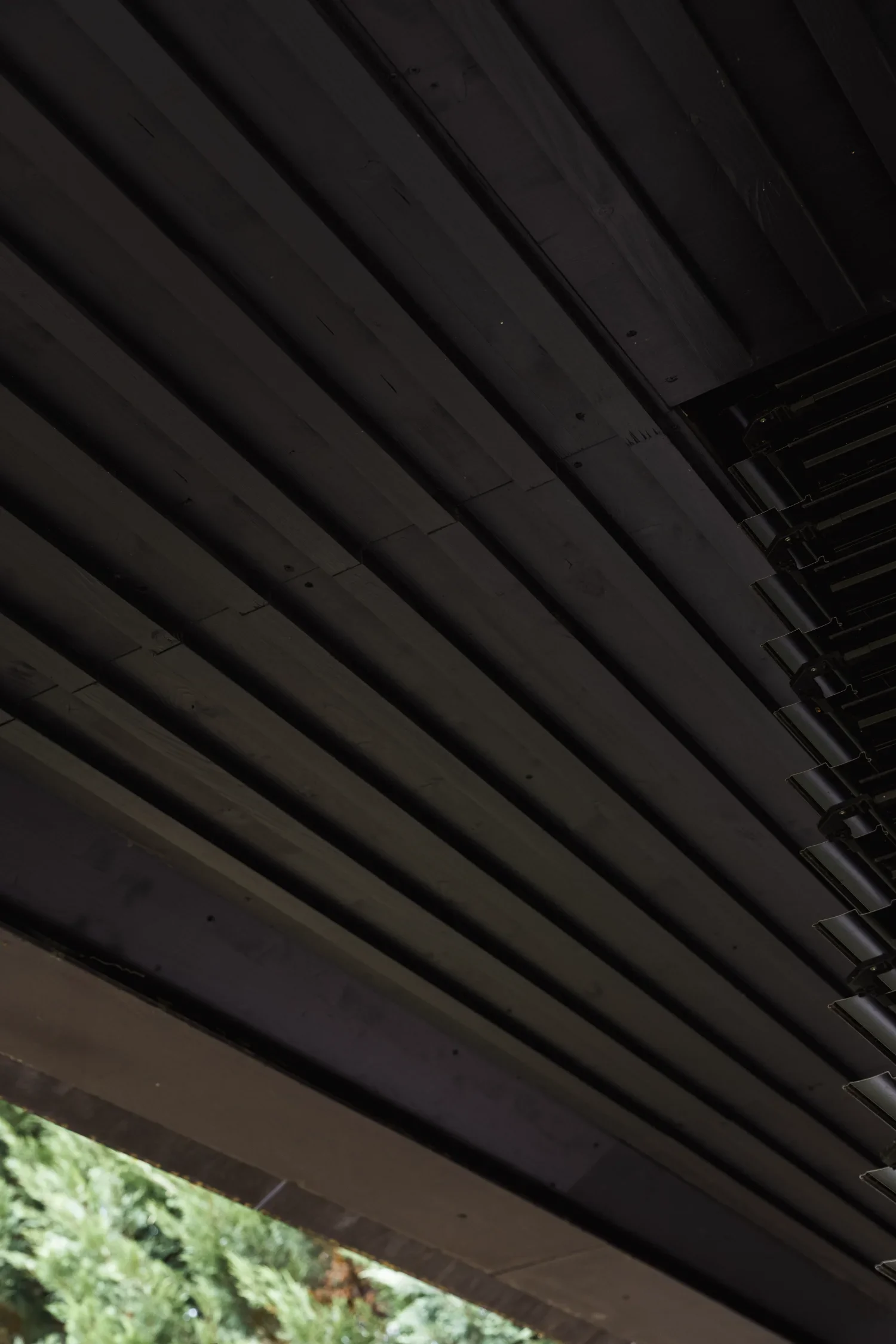 Une perspective sous un toit en pente avec des poutres en bois foncées. En bas, on voit des feuilles vertes, suggérant un arbre ou une végétation extérieure.