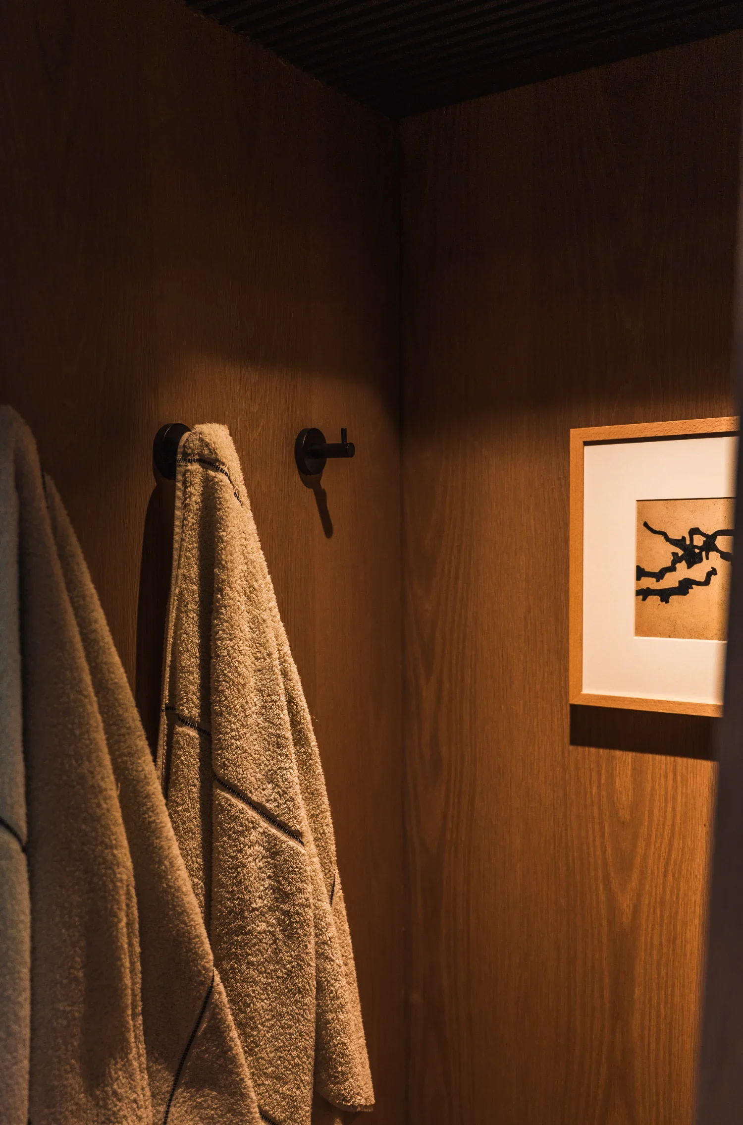 Une cabine avec deux serviettes suspendues à des crochets noirs en bois, et une œuvre d'art encadrée avec un dessin abstrait sur le mur en bois.