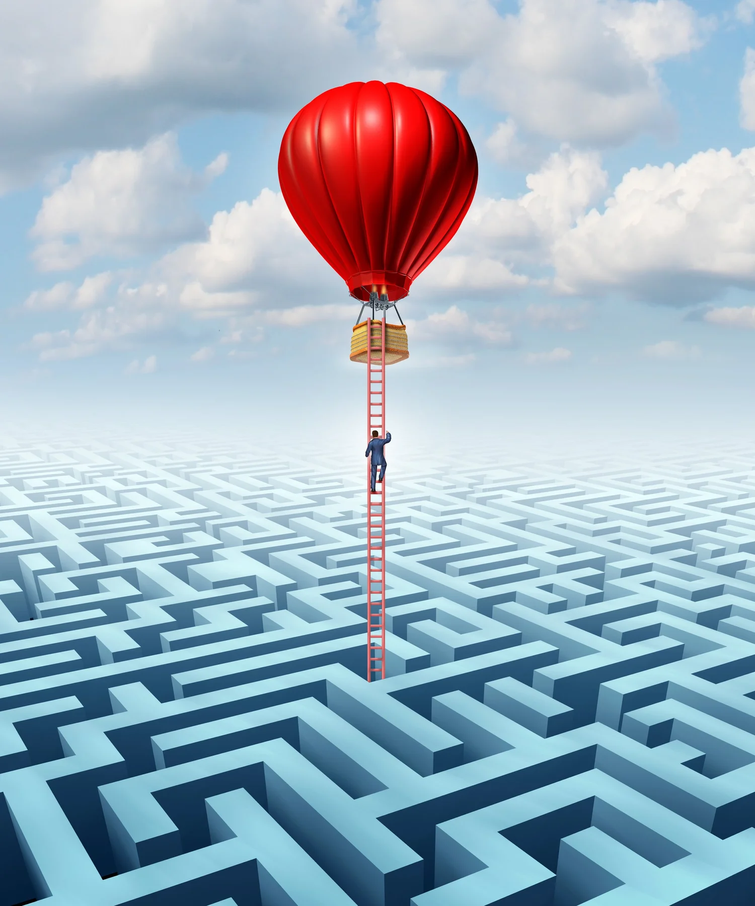 A person climbs out of a maze toward a red balloon, representing a path through complexity
