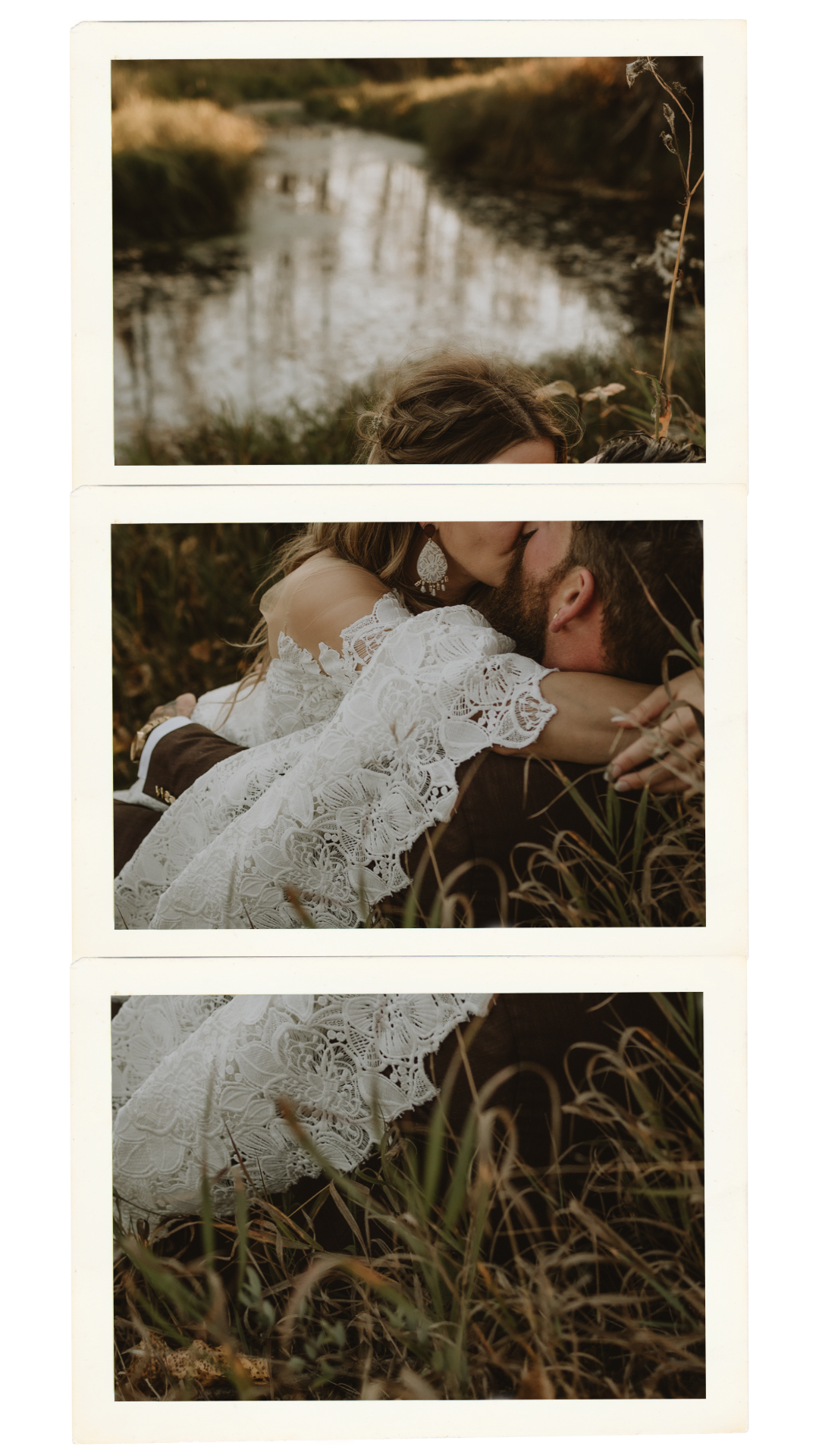 A romantic riverside kiss 3 photo panel  captured during an intimate wedding at Pine and Pond, Alberta.