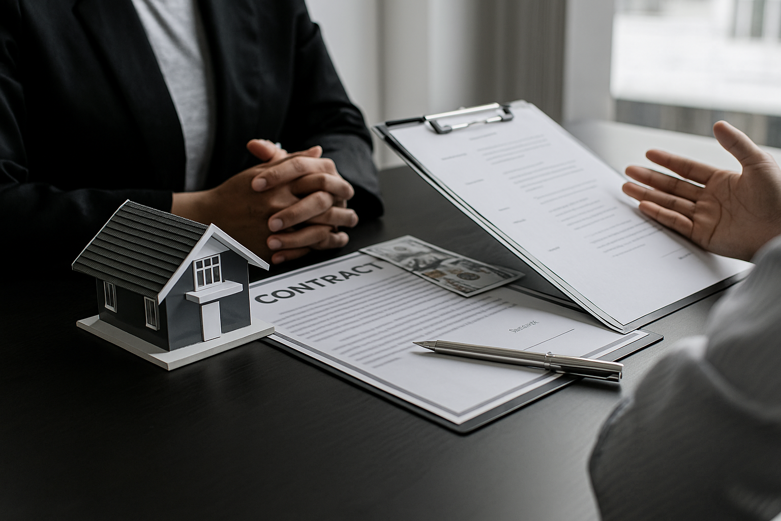 Two professionals reviewing a property contract beside a house model and dollar bills, representing brokerage and transaction services by Pointmark Asset Management & Consultants SMPC
