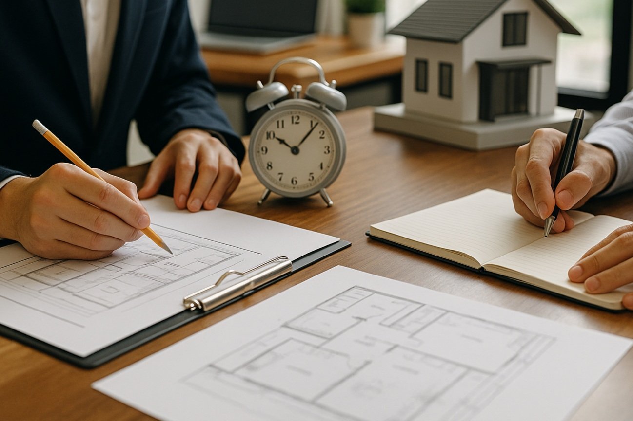 Two people are working on house blueprints at a wooden table, with a model house, an alarm clock, a notebook, and architectural drawings.