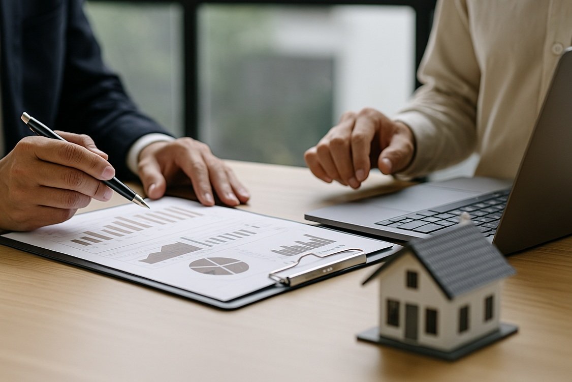 Two people in business attire reviewing financial documents with charts on a clipboard, a laptop, and a small house model on a wooden table.