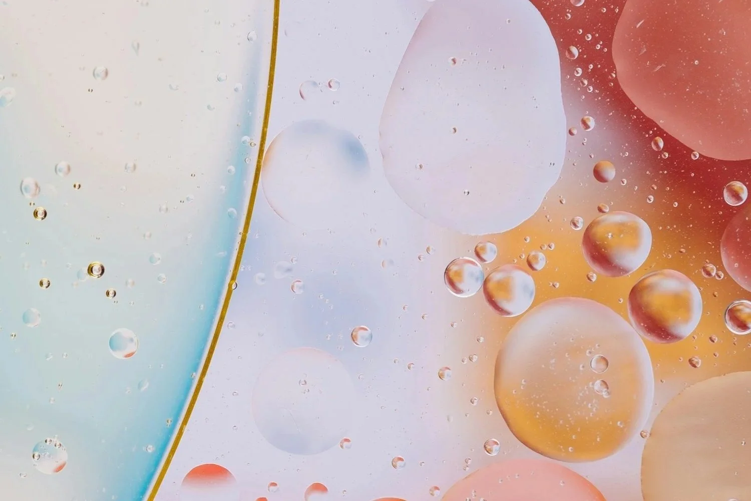 Abstract image of bubbles and oil droplets in pastel colors of blue, pink, yellow, and white.