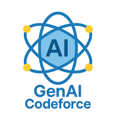 Logo für Gen AI CodeForces mit einem Atommodell und dem Text 'AI' in der Mitte.