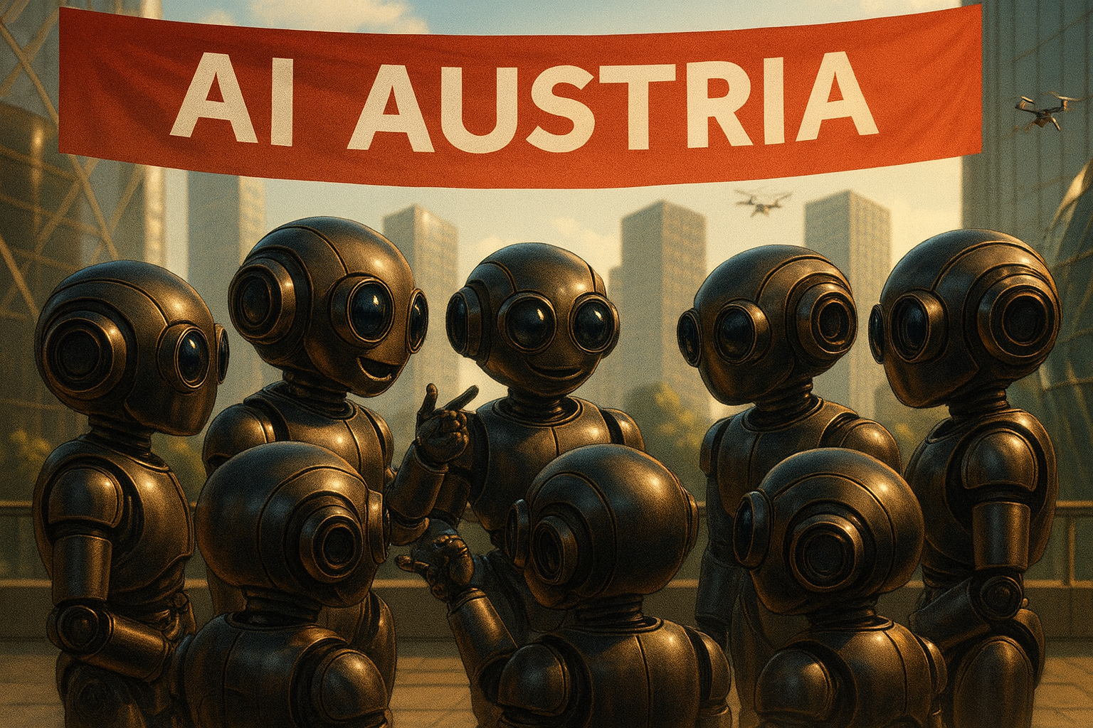 Roboter in einer Stadt mit einem roten Banner, auf dem steht 'AI Austria', im Hintergrund Gebäude und fliegende Drohnen.