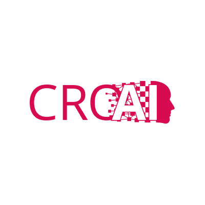 Logo mit den Buchstaben 'CREAI' in pink, mit einem stilisierten menschlichen Kopf auf der rechten Seite, der mit einem Gittermuster versehen ist.