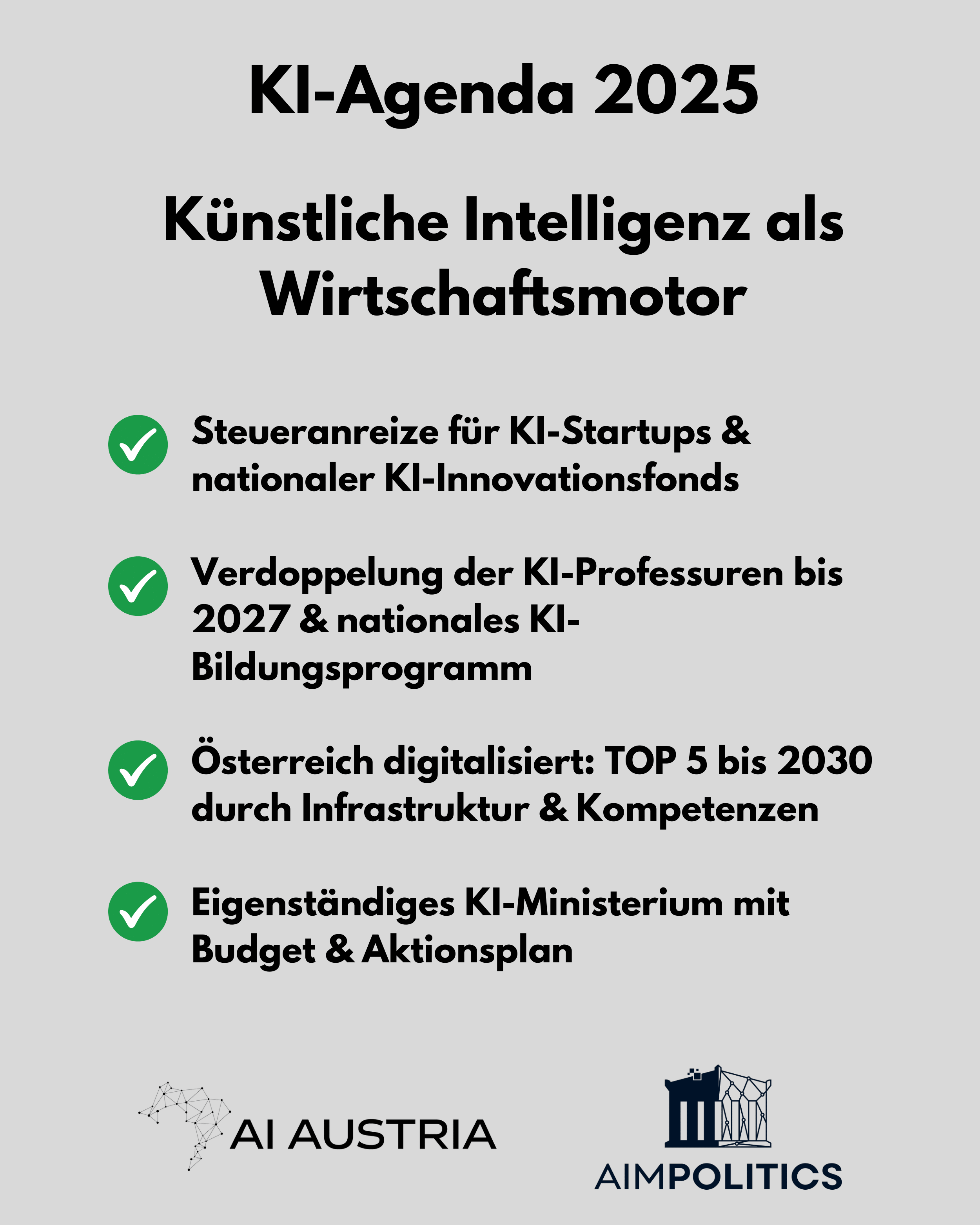 Infografik mit Maßnahmen zur Förderung künstlicher Intelligenz in Österreich 2025, inklusive Steueranreizen, KI-Professuren, Digitalisierung, eigenständiges KI-Ministerium, Logos von AI Austria und AIMPOLITICS.