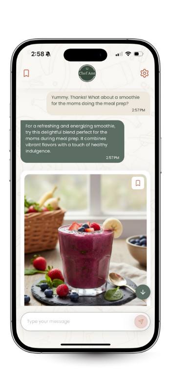 Smartphone screen showing a chat conversation about smoothies, with a picture of a berry smoothie garnished with banana slices and berries on a table.