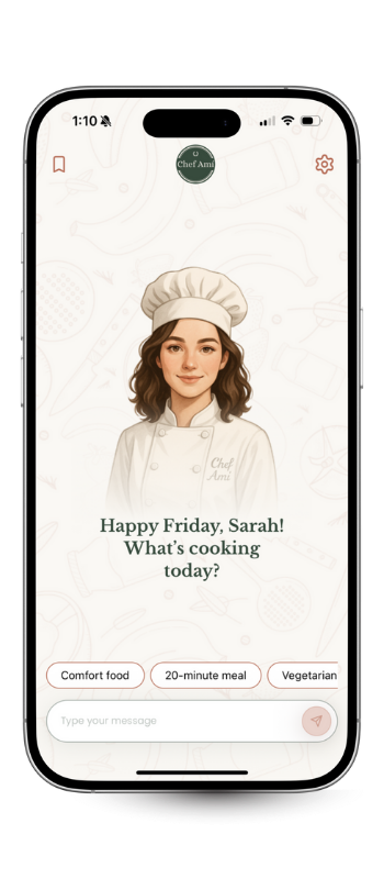 Smartphone screen displaying a cooking app with a cartoon image of a female chef wearing a white chef hat and coat, with the app greeting Sarah and asking what she is cooking today. There are buttons labeled 'Comfort food', '20-minute meal', and 'Vegetarian', along with a message input box and send icon.