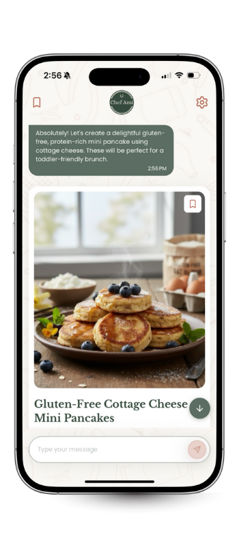 Mobile phone screen displaying a recipe for gluten-free cottage cheese mini pancakes with a photo of the pancakes topped with blueberries, on a plate with scattered blueberries and mint leaves.