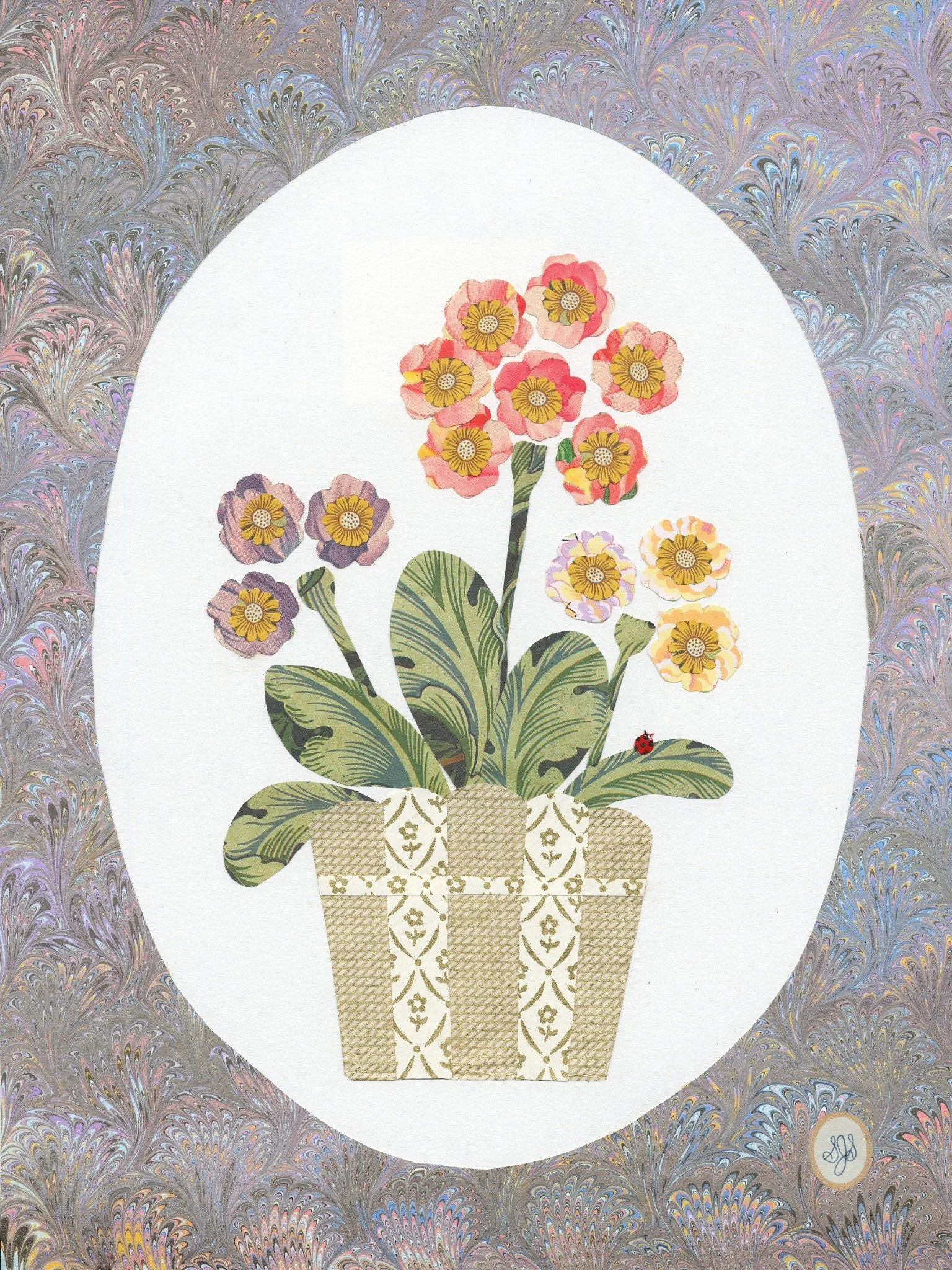 Orange, purple, yellow primroses in beige basket with purple circular border