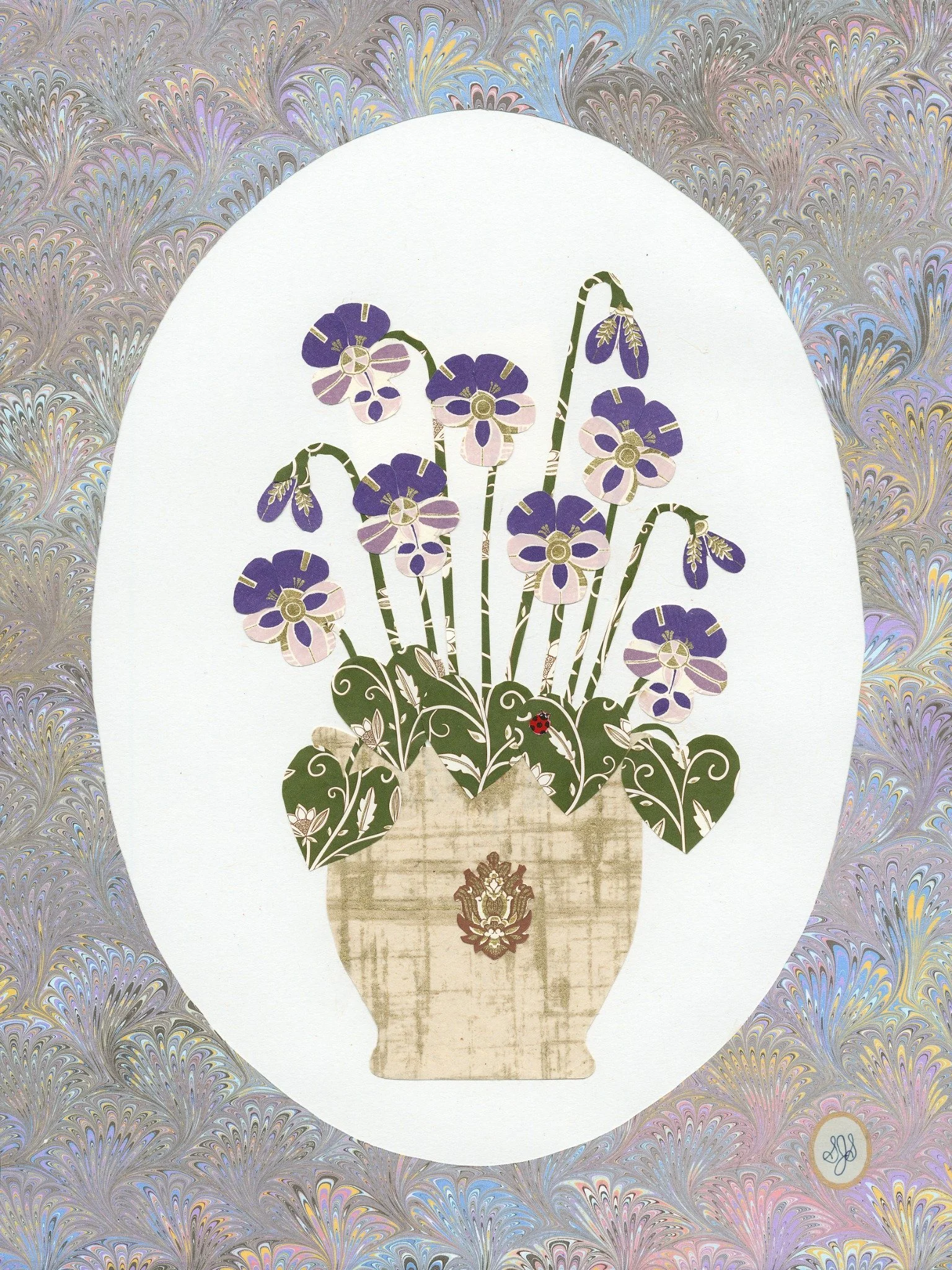 Purple violas in beige basket with purple circular border
