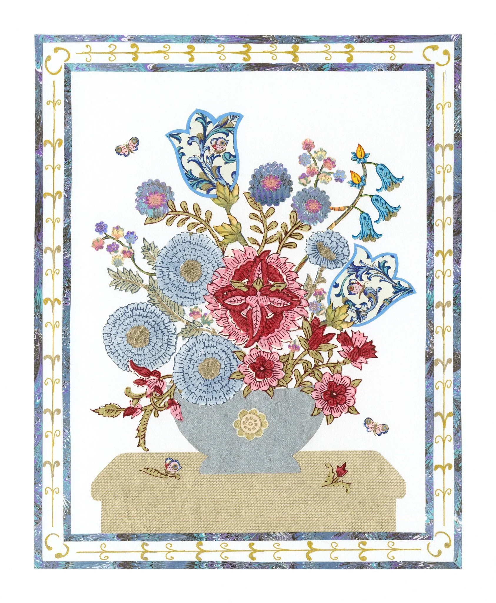 Bouquet of blue and red flowers with blue frame