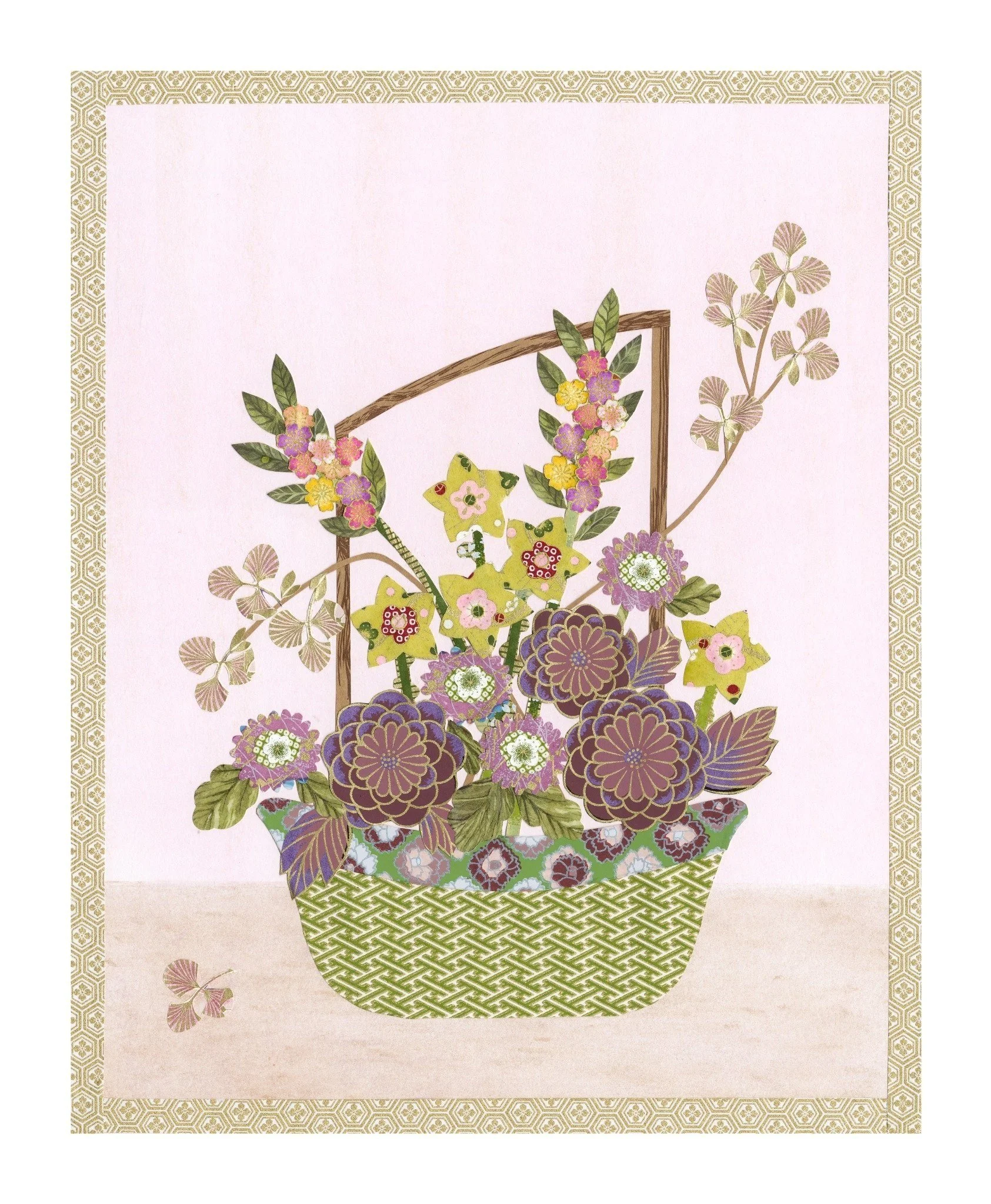 Flowers in green basket on purple background, gold frame