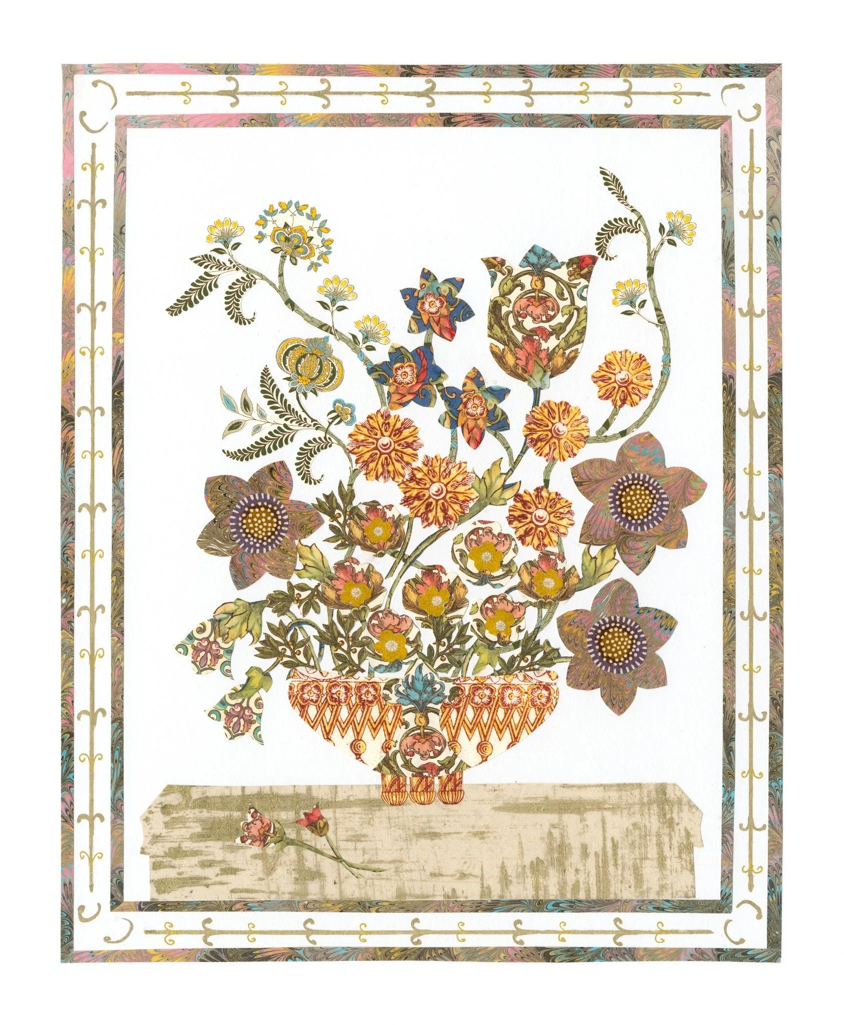 Gold flowers in vase with pink, purple, gold frame