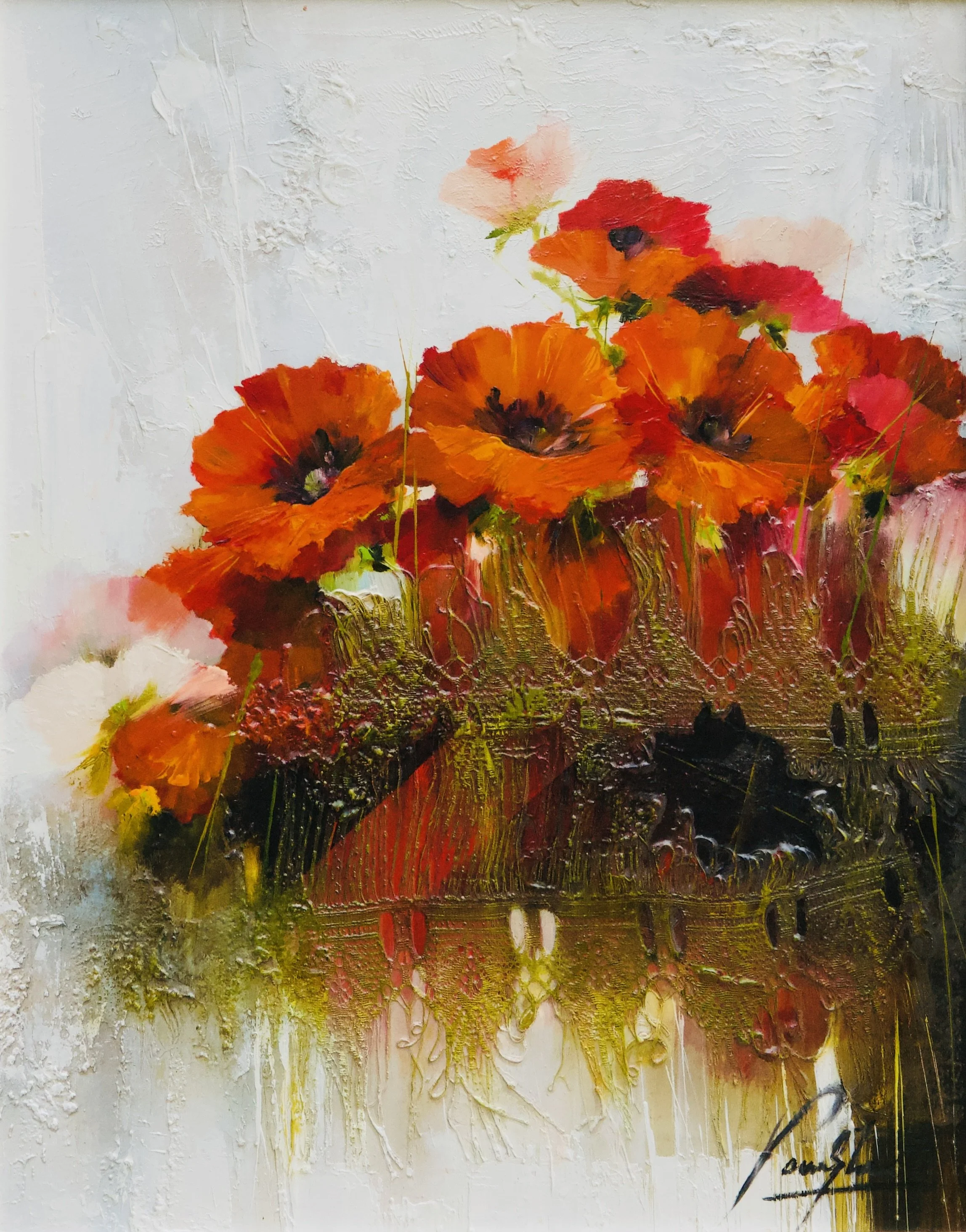 Pavots au rideau - Technique mixte sur papier - 62x49