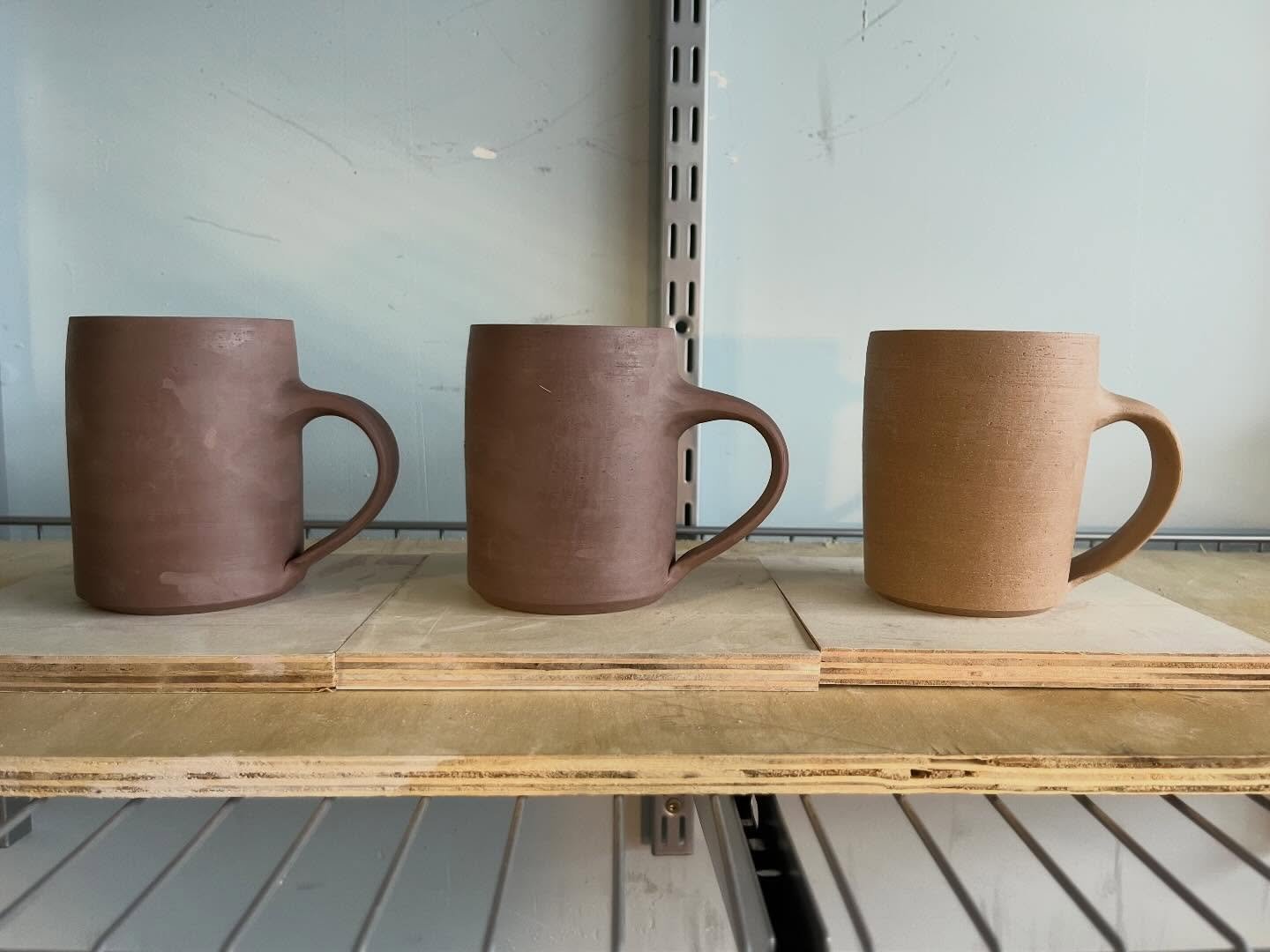 Some work in progress mugs this week. I&rsquo;m I&rsquo;ve been working on finding a mug shape I like while getting in as much handle pulling practice as I can! I&rsquo;m liking the body of the lighter colored mug, but I think the handle on the darke