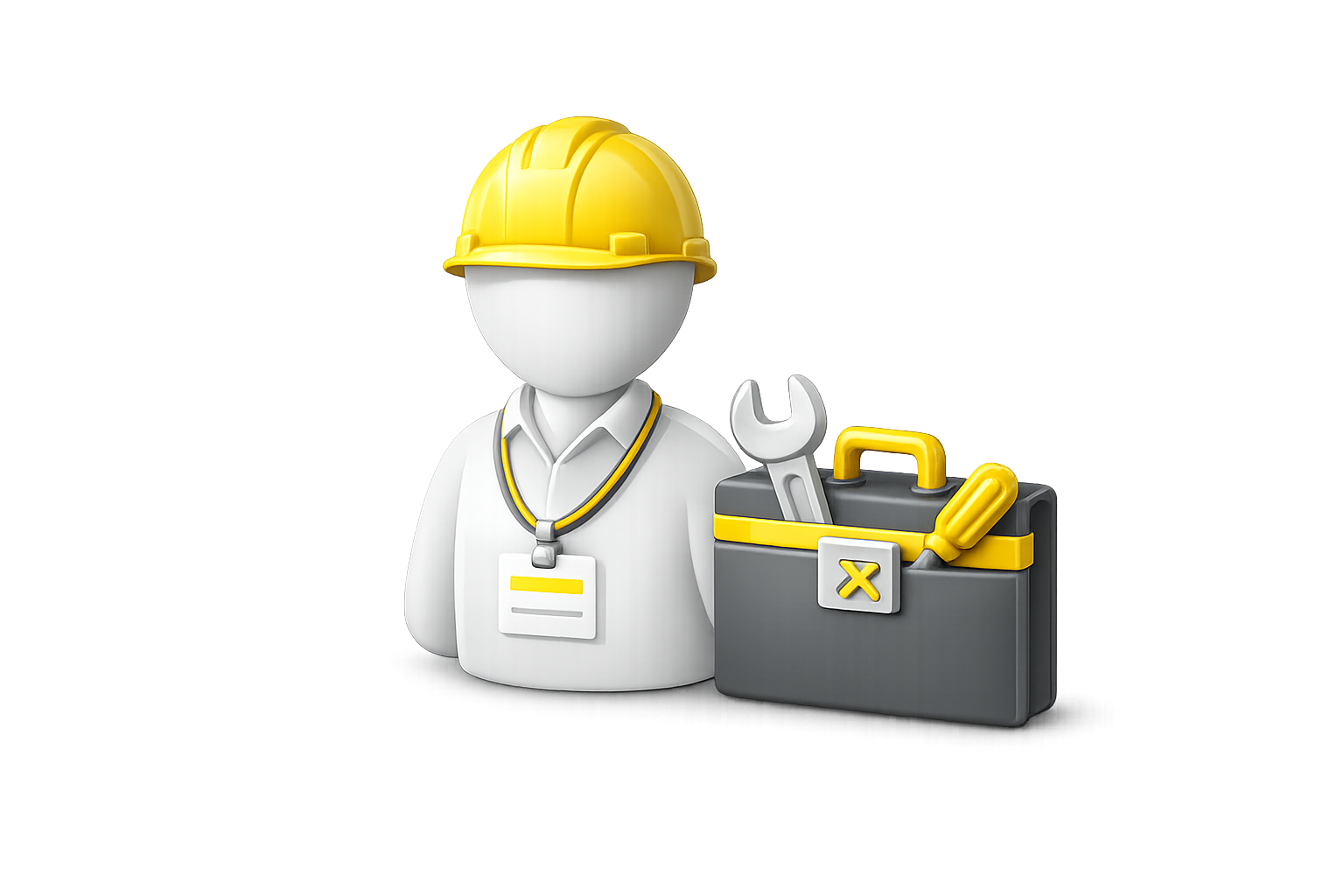 3D illustration of a faceless worker wearing a yellow safety helmet, white shirt with a badge, and a facility badge around the neck, standing beside a black toolbox with a yellow handle, containing a wrench and screwdriver, on a dark surface.