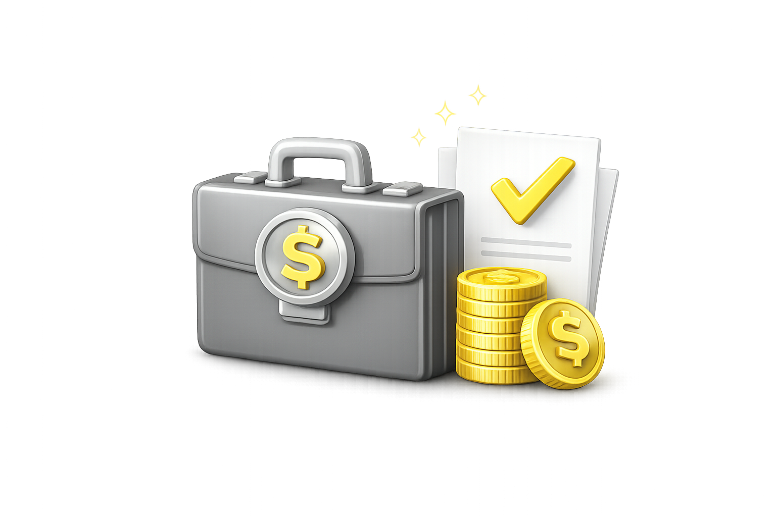 A digital illustration featuring a gray briefcase with a yellow dollar sign, a stack of gold coins with a dollar sign, a document with a yellow checkmark, and colorful abstract background.