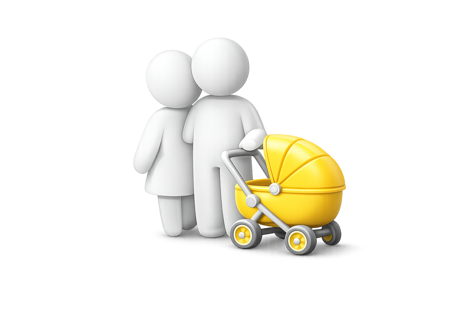 White 3D figures of a woman and a man standing next to each other, with the woman pushing a yellow baby stroller.