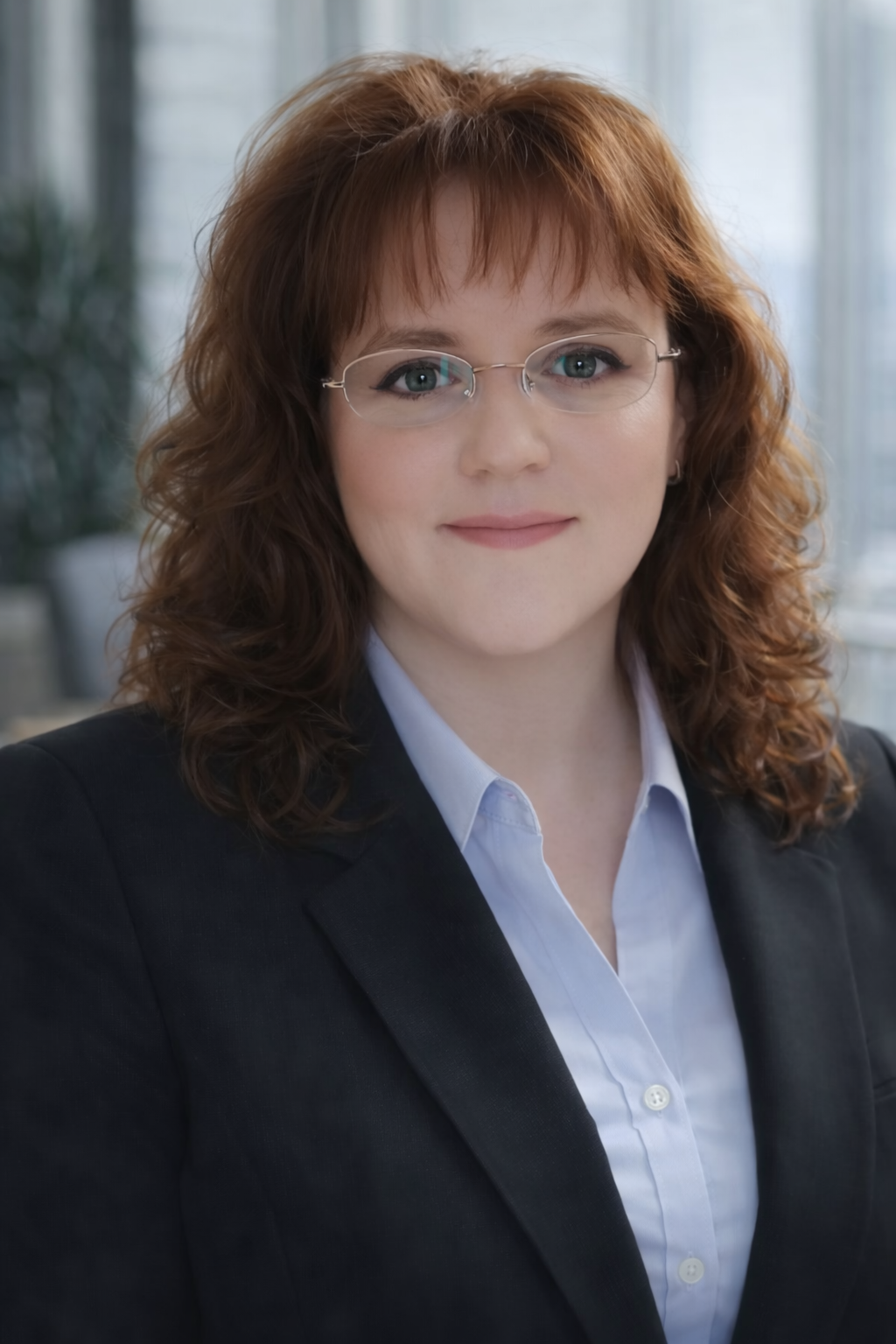 A professional woman with red curly hair wearing glasses, a light blue shirt, and a black blazer, sitting indoors with a blurred window and plant background.