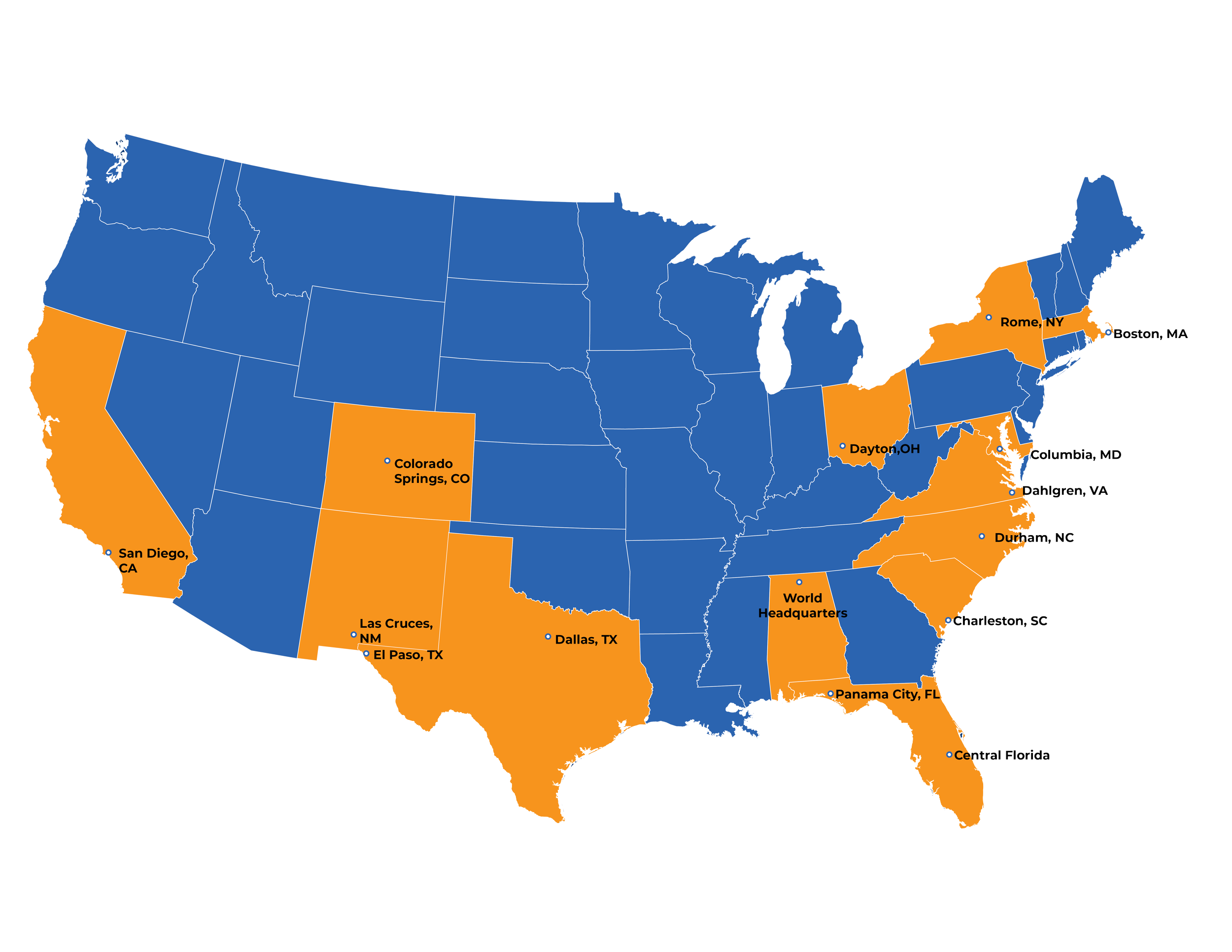 Map of the United States with some states highlighted in orange and labeled with city names or landmarks. Blue indicates other states. Highlights include Denver, CO; Dallas, TX; San Diego, CA; World Headquarters in an unspecified location; and other cities like Daytona, OH and Panama City, FL.