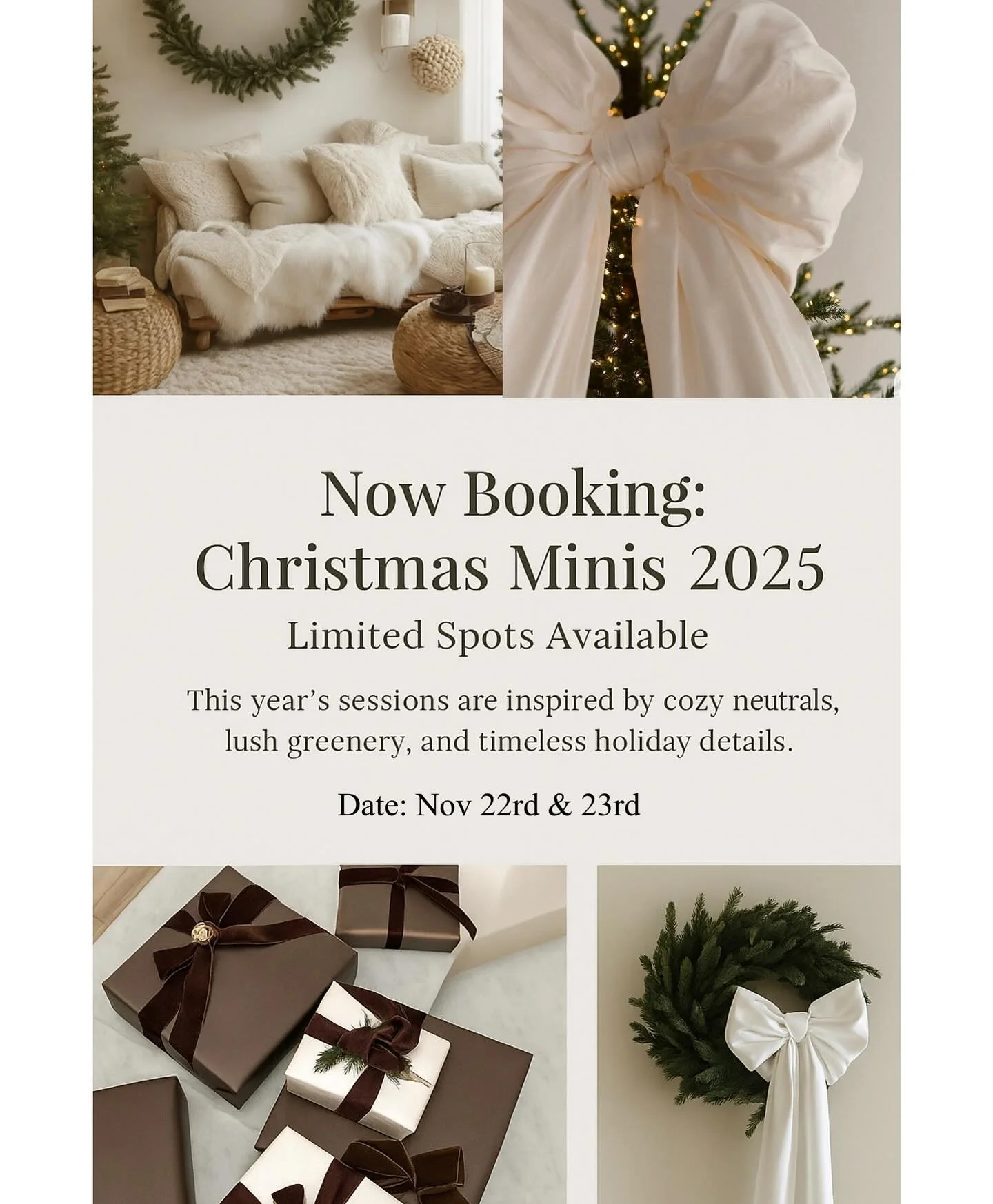 ✨ Holiday Minis 2025 are now live! ✨
 Step into our cozy, elegant holiday sets &mdash; soft creams, lush greenery, and a beautifully styled Christmas tree, perfect for timeless portraits.

Mini includes:
20-minute session 
5 hand-retouched images 
Pr