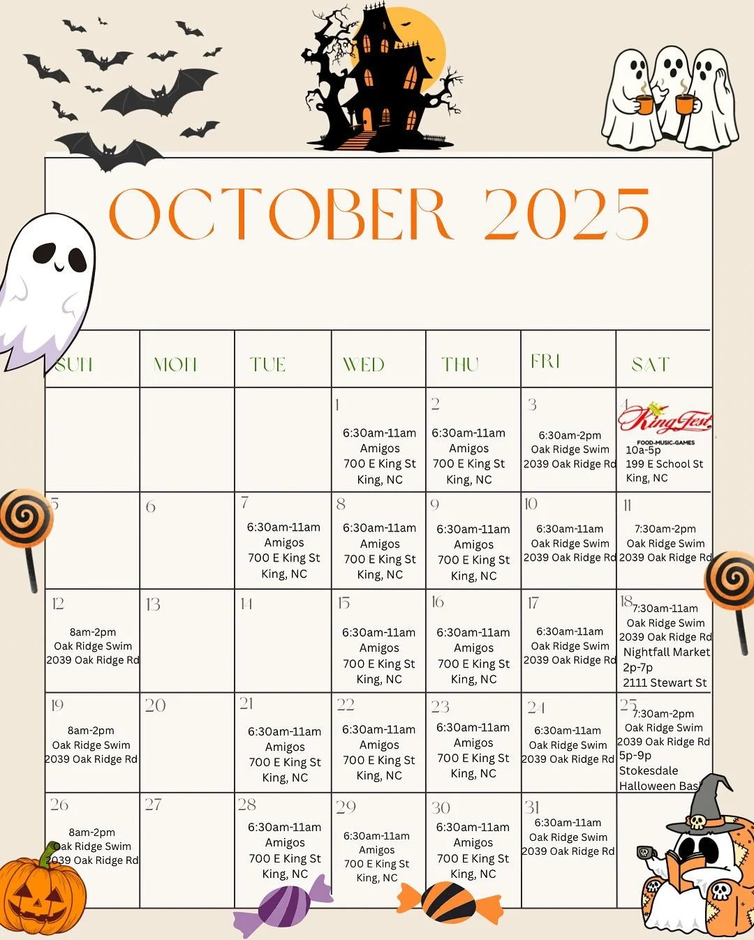 Okay our wonderful ghouls and ghosties we have a banging October for you! 
For the month of October Tuesday/Wednesday/Thursday we are wandering to King. You can find us in the Amigos parking lot! Shannon will be you ghostest for those times. 
Oak Rid