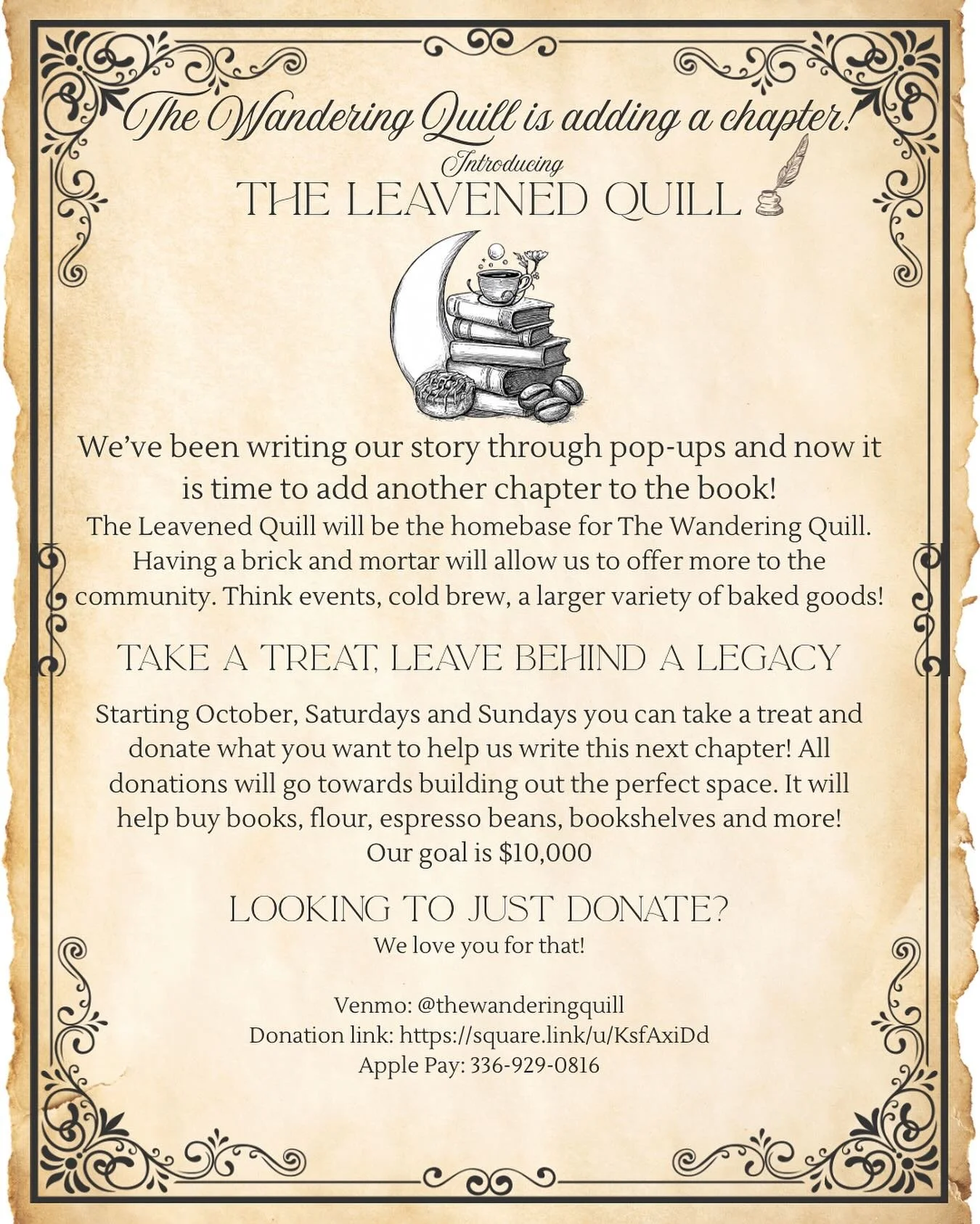 We heard you! We have been asked to have a place with our vibes where people can come and sit and hang out! We are starting to look for that space, but need your help. Not only are we going to try to have a great home base for coffee and books, we ar