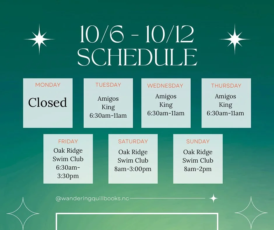 ✨10/6-10/12✨
We will have a standard week this week! 
Changes from monthly calendar are- we will stay open till 3:30 on Friday! 
See you soon! 📚