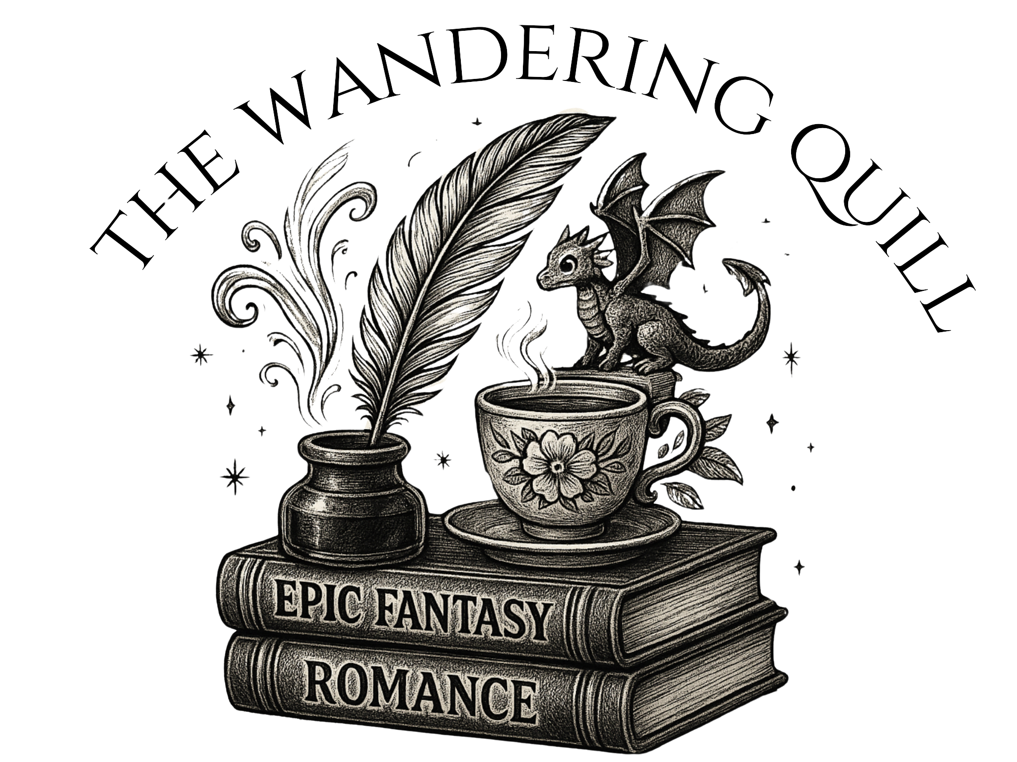 A detailed black and white illustration featuring a quill pen in an inkwell, a steaming teacup with a flower design, a small dragon perched on the teacup, and two books labeled 'Epic Fantasy' and 'Romance'. The text 'The Wandering Quill' is written in an arc above the illustration.