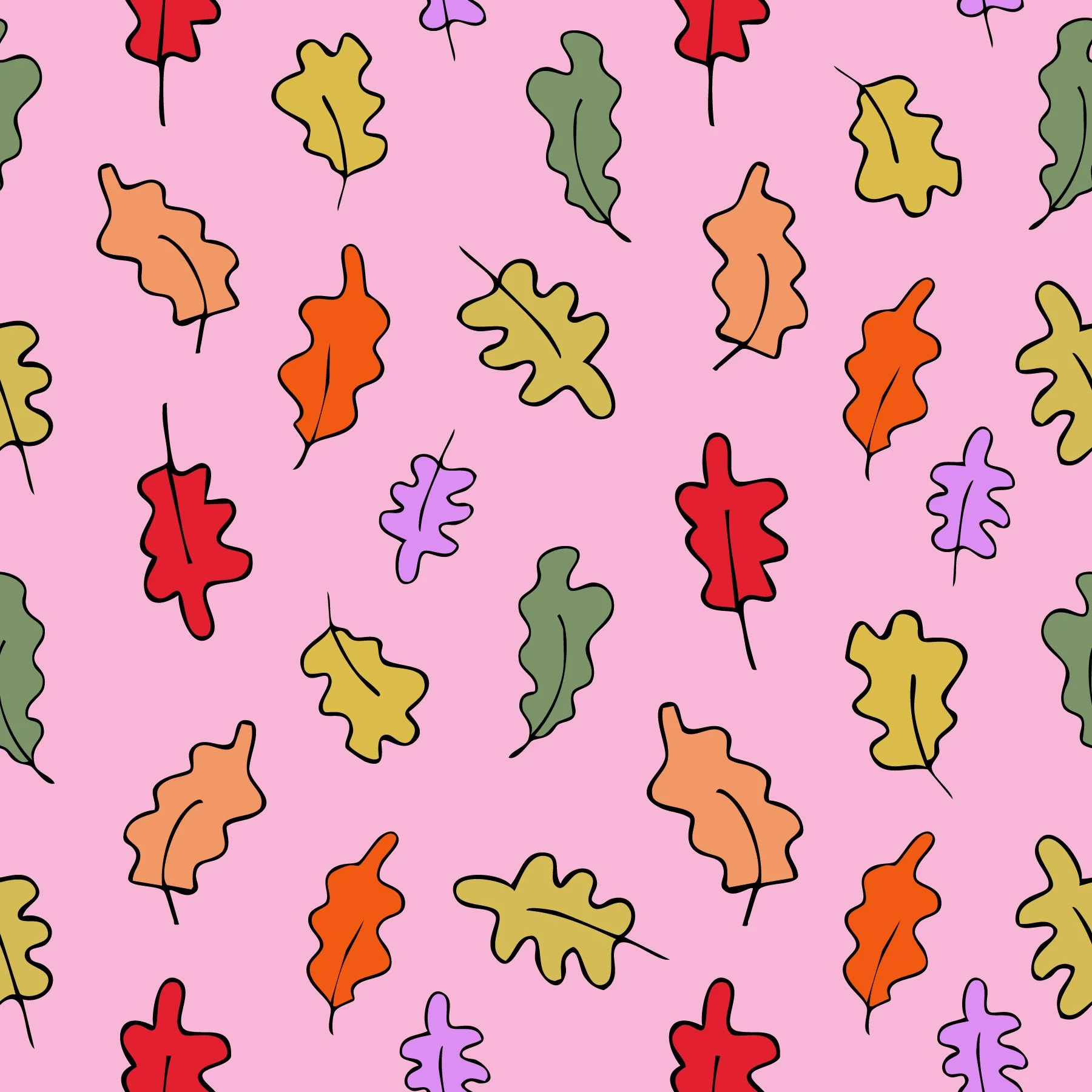 Pattern of colorful fall leaves on a pink background.