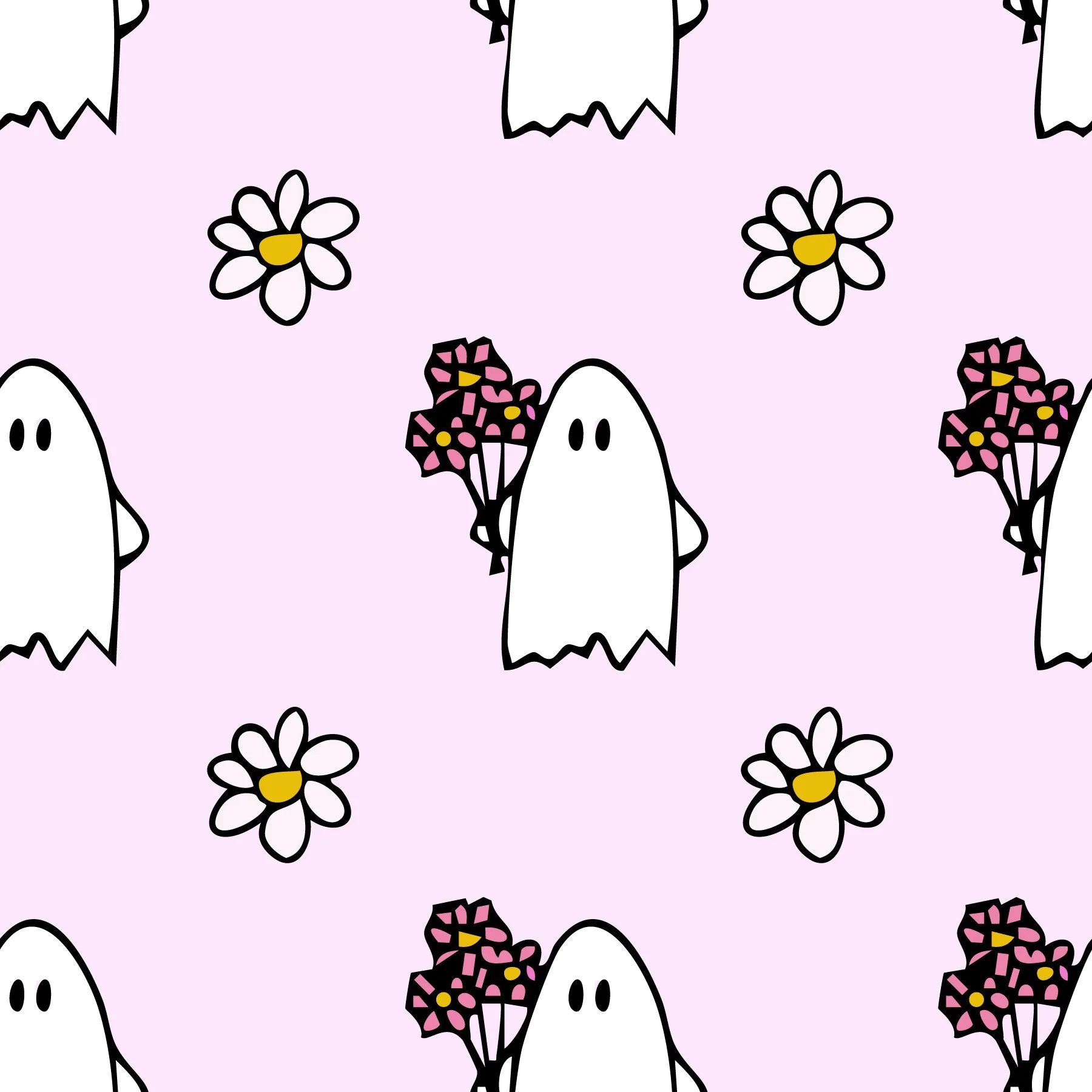 Pattern featuring cartoon ghosts holding flowers, daisies and pink blossoms, on a light purple background.