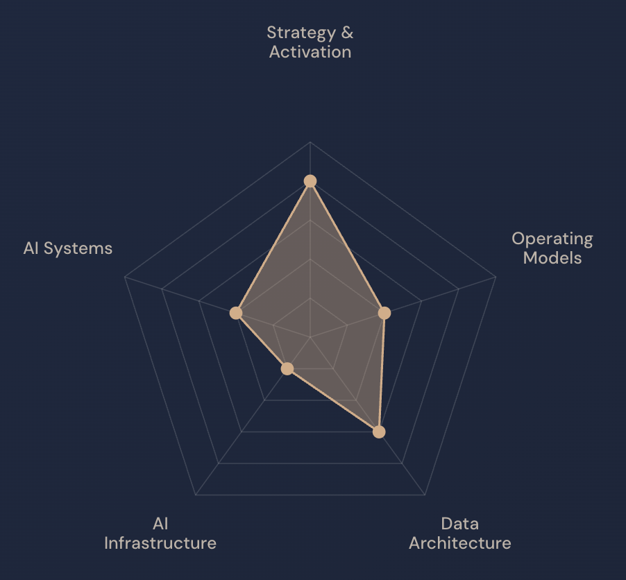 A radar chart with five axes labeled Strategy & Activation, Operating Models, Data Architecture, AI Infrastructure, and AI Systems, showing varying levels of performance or emphasis.