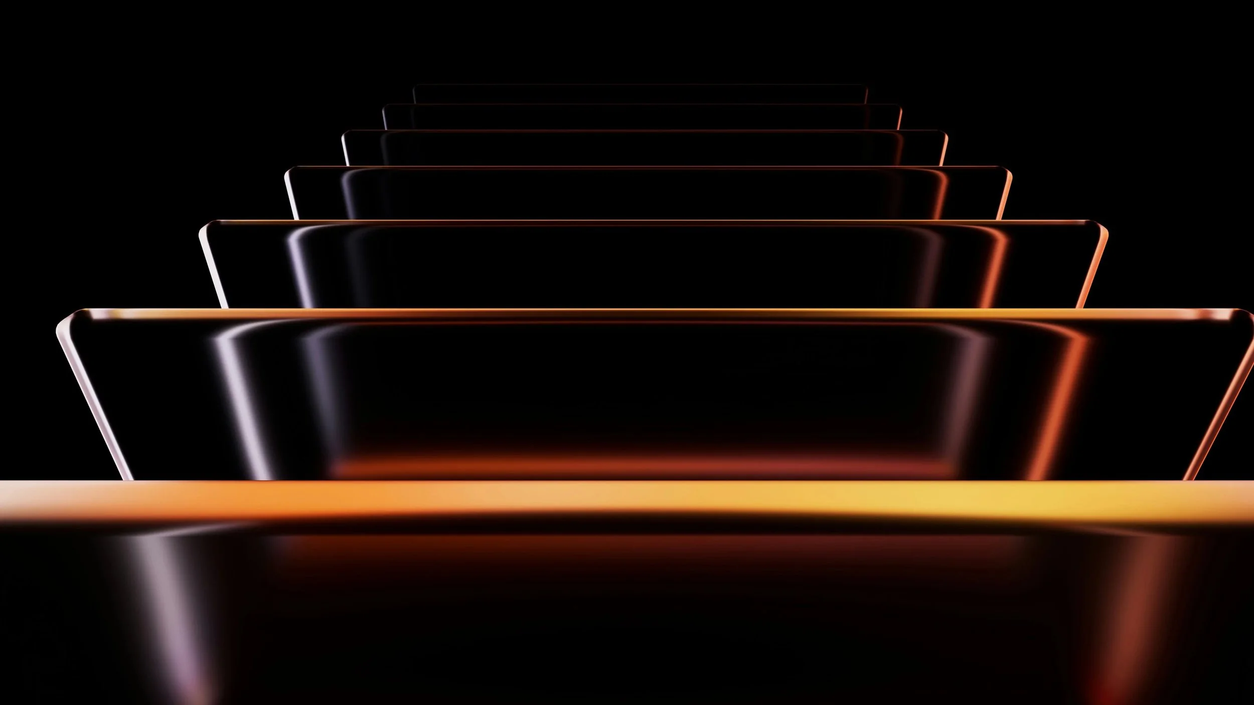 Several glowing black rectangular objects with orange edges, arranged in a diagonal line against a black background.