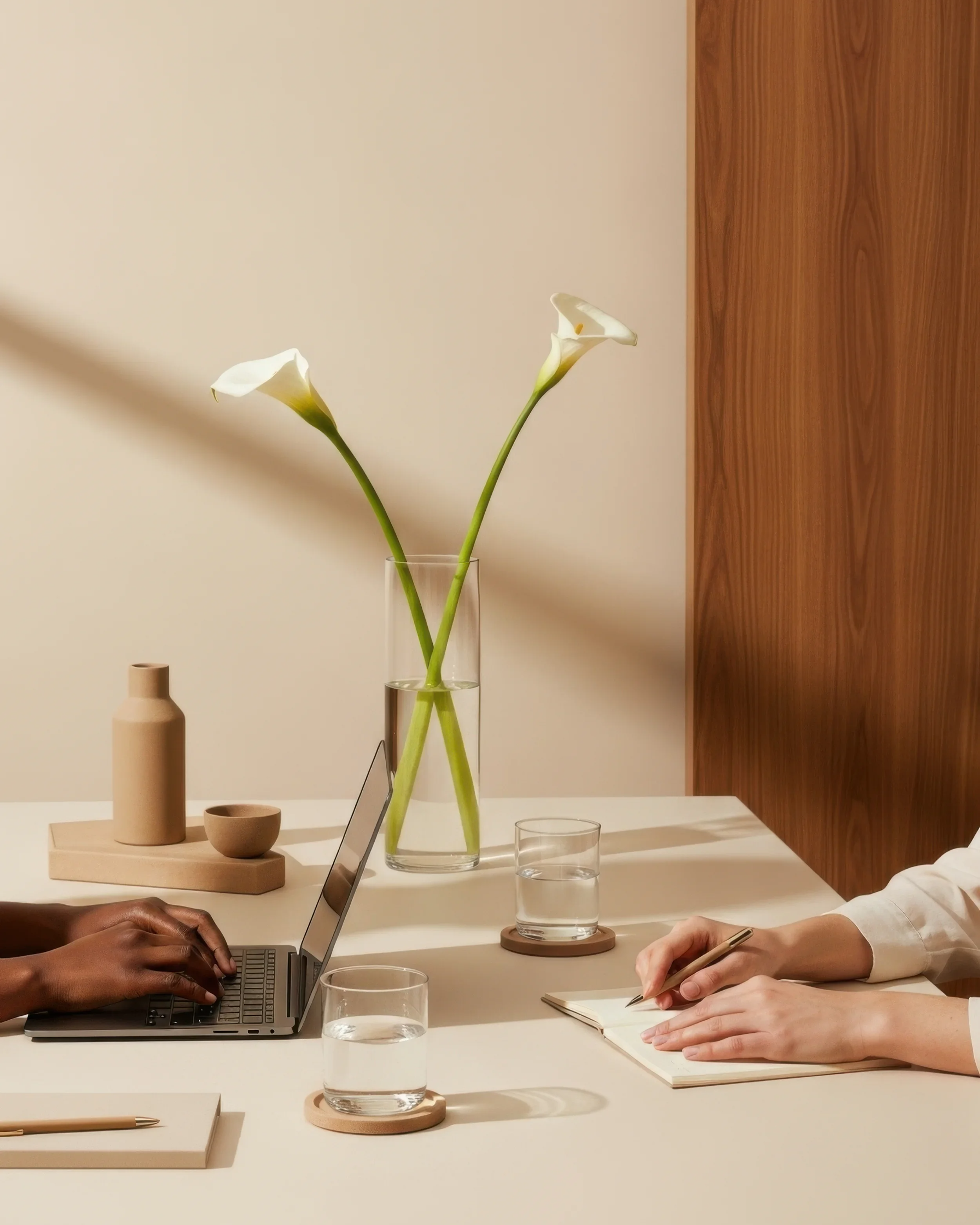 A minimalist workspace with a white table, two glasses of water on coaster, a laptop, and a notebook. A large glass vase with two white calla lilies is in the background.