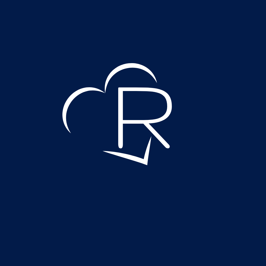 Logo with a large letter R and stylized cloud shapes behind it on a dark blue background.