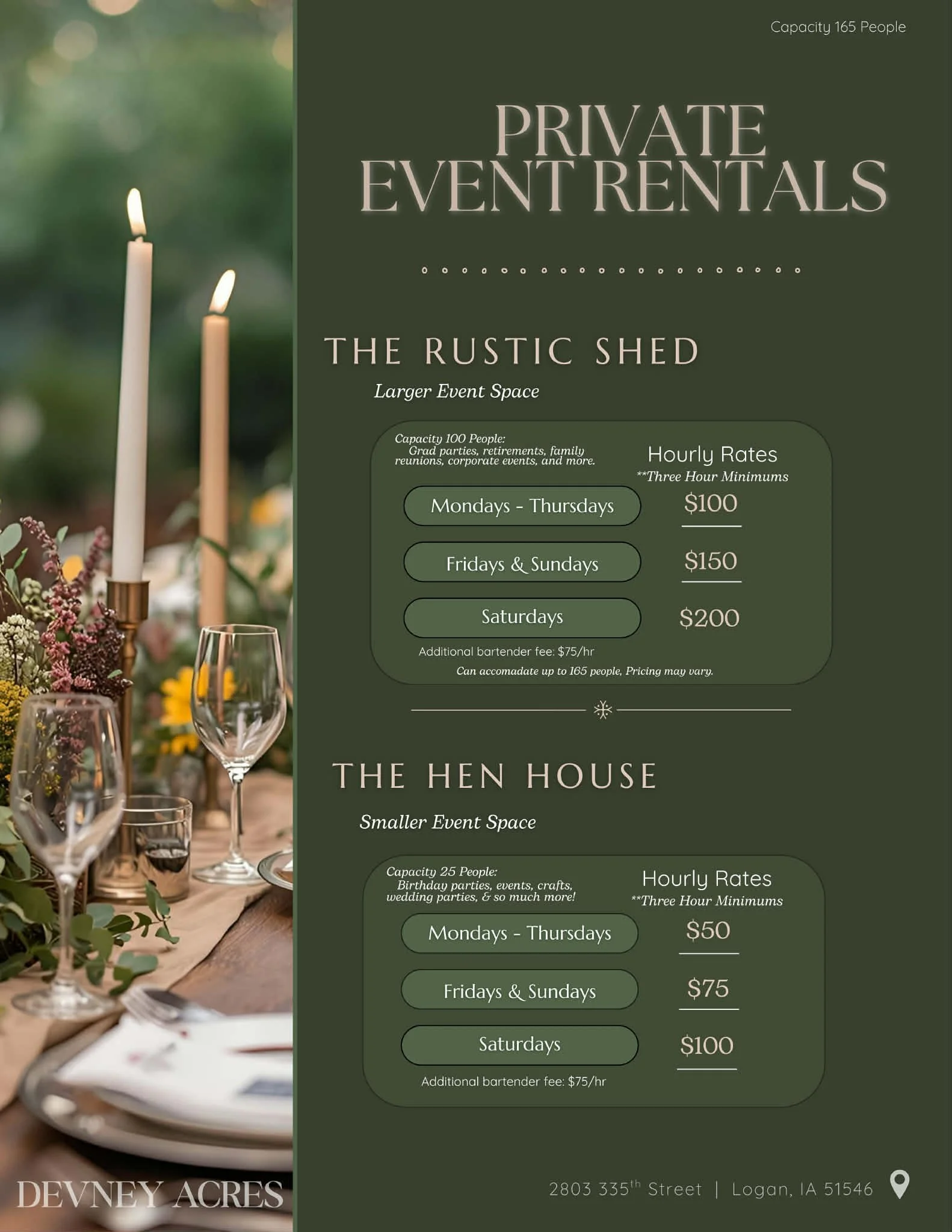 Flyer for private event rentals at Devney Acres, featuring The Rustic Shed for larger events and The Hen House for smaller events, with pricing details and capacity information.