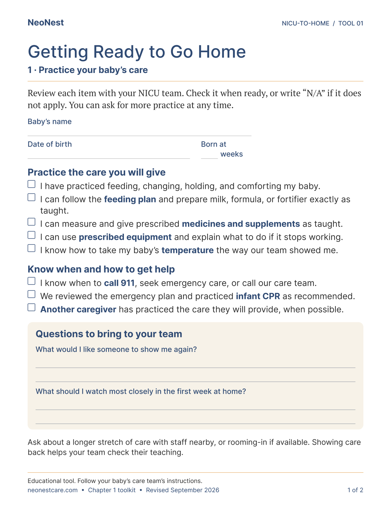 Getting Ready to Go Home, page 1: Practice your baby’s care