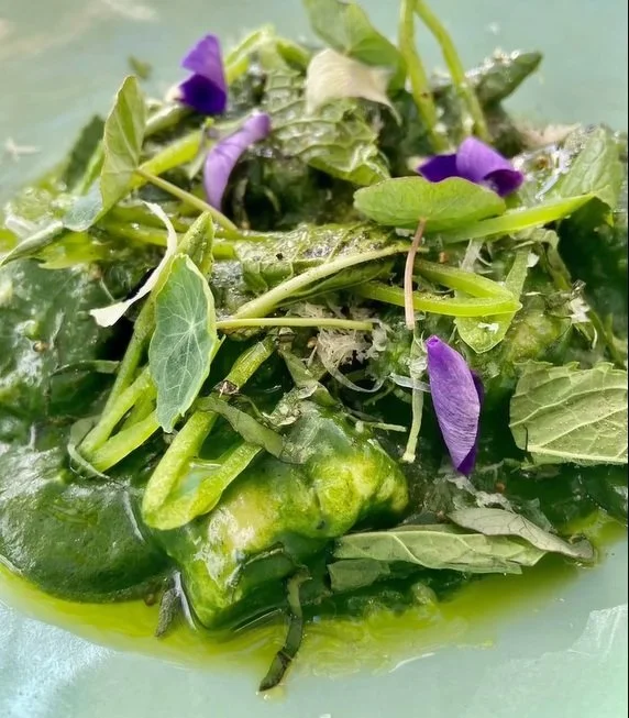 A close-up of a green salad with various leafy greens and purple edible flowers on a plate.